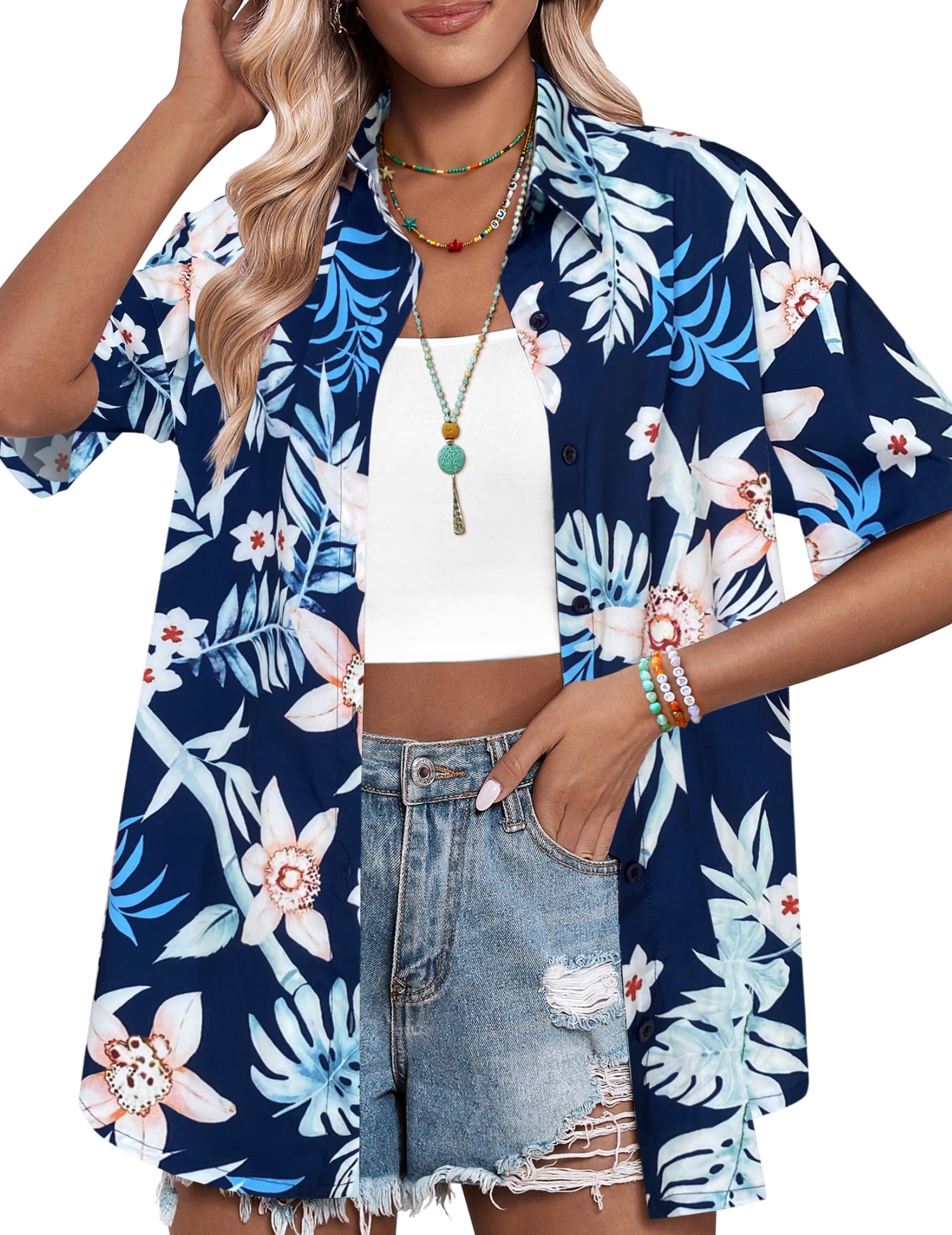 HOTOUCH Womens Hawaiian Shirts Button Up Casual Floral Tropical Shirt Summer Beach Shirt Cool Short Sleeve Blouse Tops