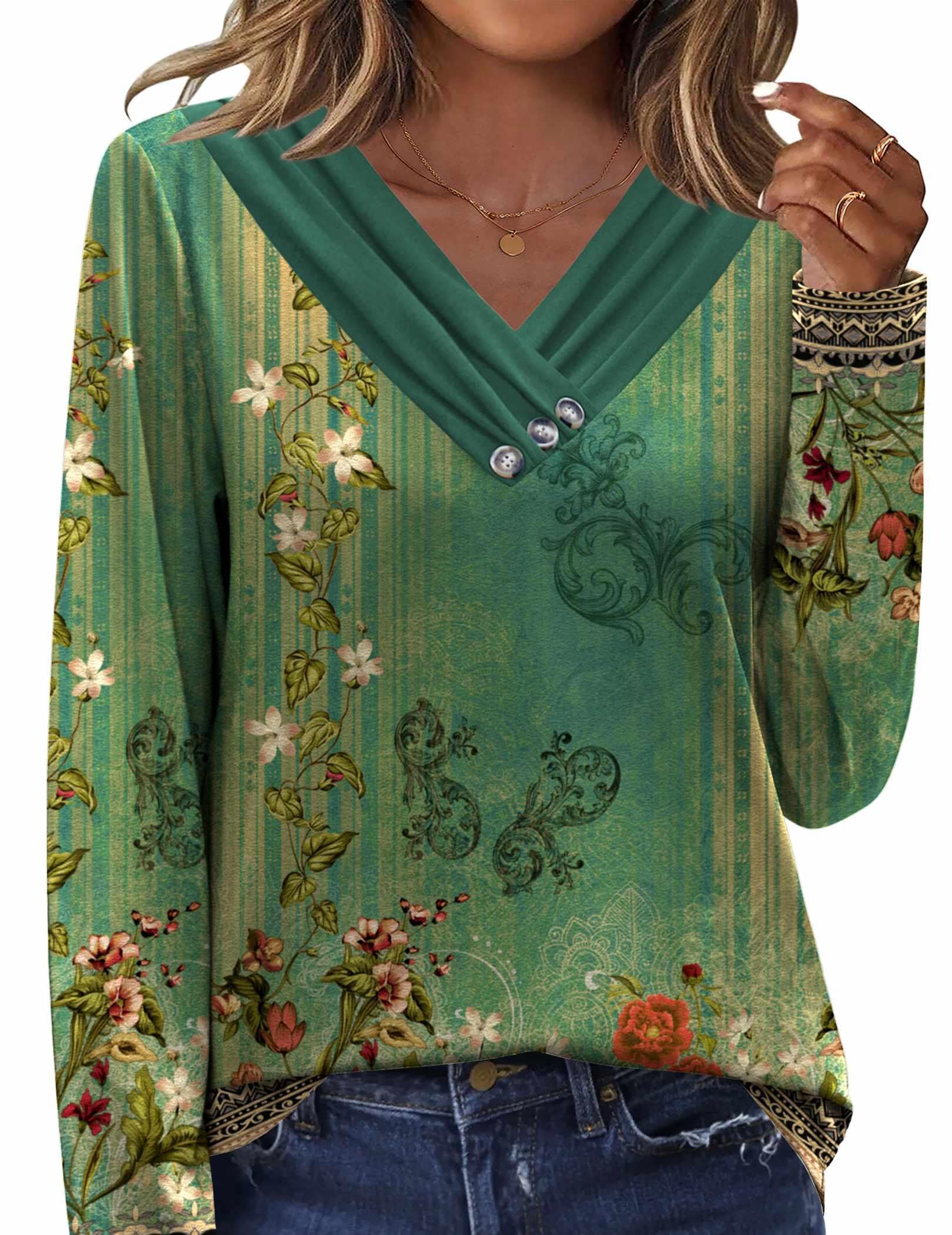 HOTOUCH Womens Fall Tunics Long Sleeve Tops Cross V Neck Shirts Loose Casual Blouses with Decor Button