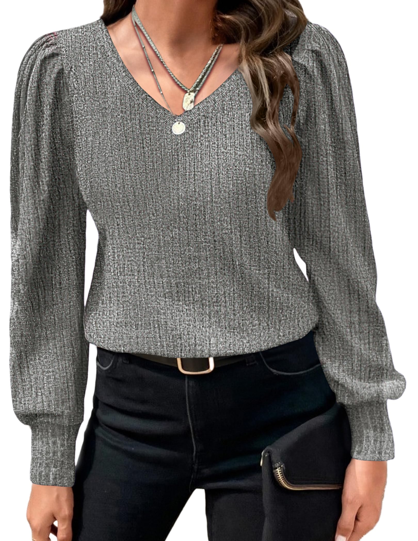 HOTOUCH Women's Knit Shirt Soft Puff Long Sleeve Blouse Tops Lightweight V Neck Tunic XS-XXL