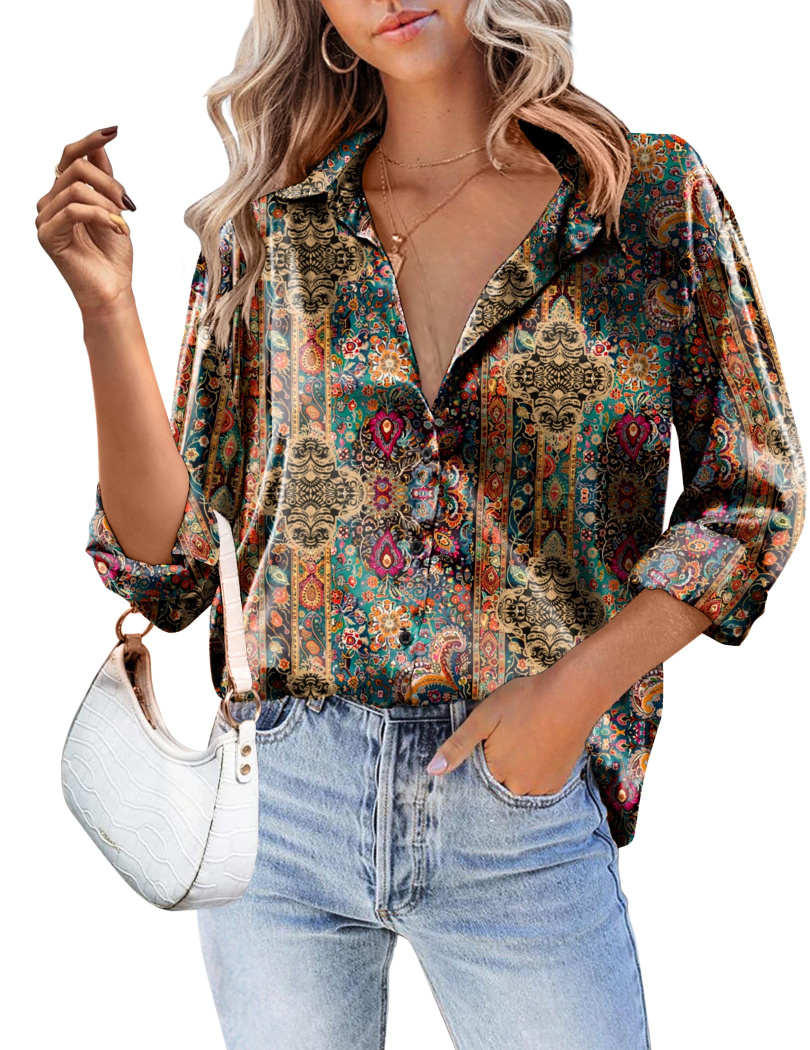 HOTOUCH Women Satin Silk Button Down Shirt Ladies Long Sleeve Tops V Neck Loose Blouse Dressy Business Casual Work Tunic Fall