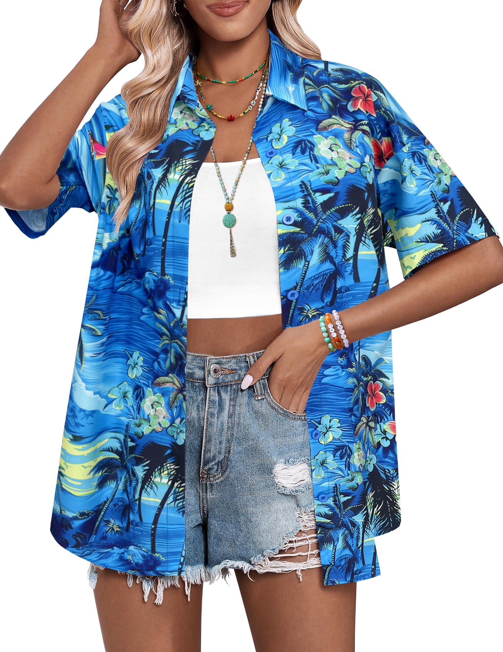 HOTOUCH Womens Hawaiian Shirts Button Up Casual Floral Tropical Shirt Summer Beach Shirt Cool Short Sleeve Blouse Tops