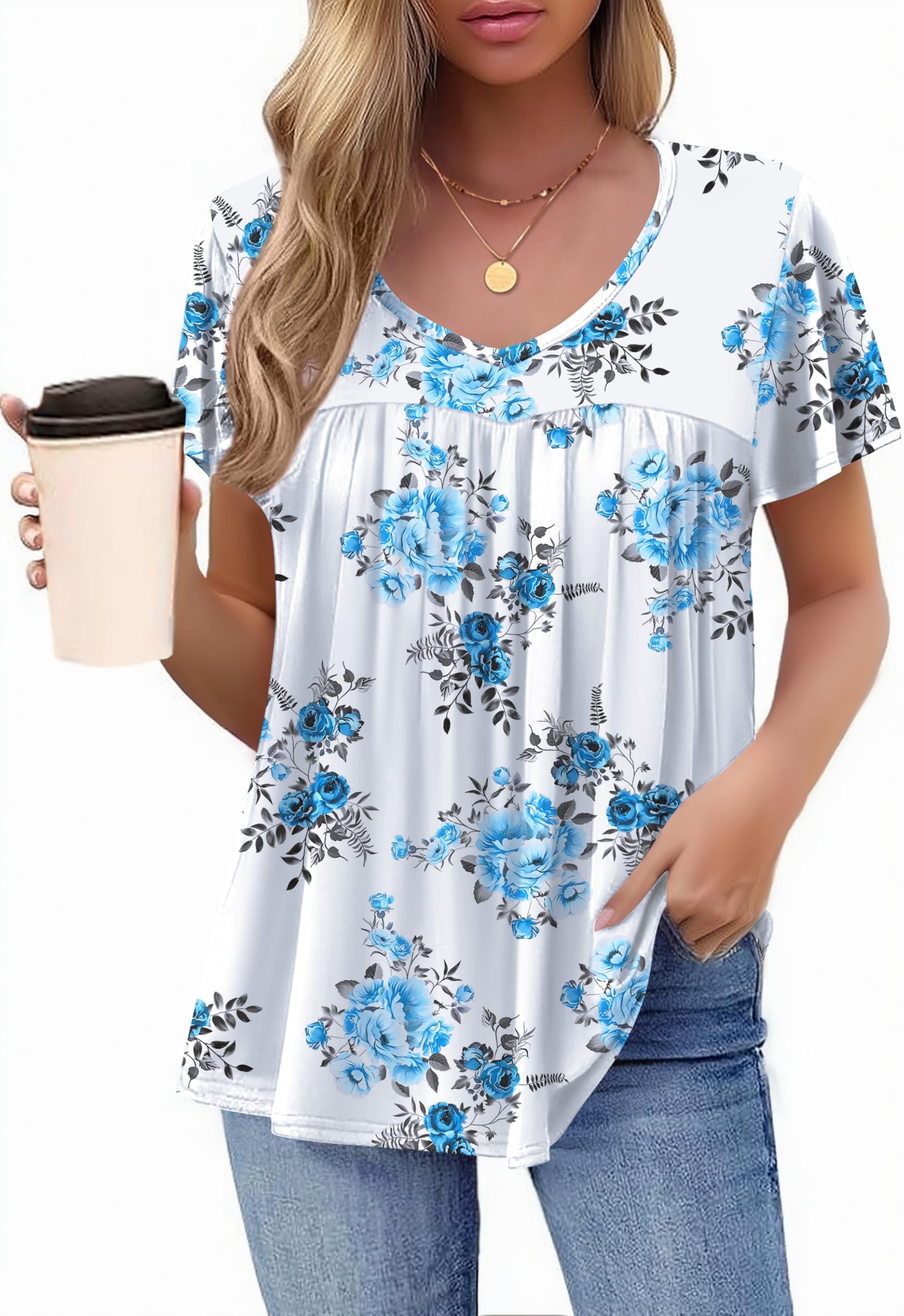 HOTOUCH Womens Short Sleeve Tunic Tops V Neck Loose Fit Ruffle Sleeve Shirts Summer Floral Dressy Casual Boho Blouses