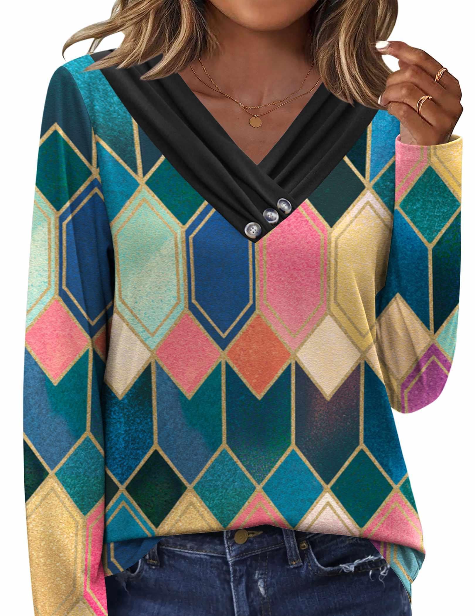 HOTOUCH Womens Fall Tunics Long Sleeve Tops Cross V Neck Shirts Loose Casual Blouses with Decor Button