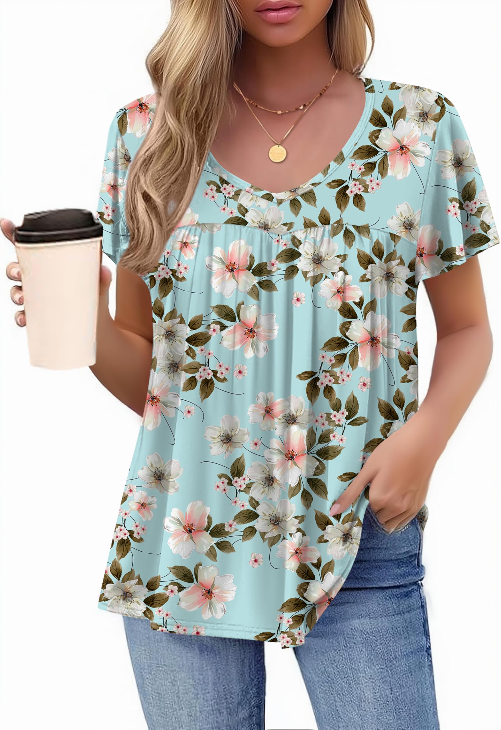 HOTOUCH Womens Short Sleeve Tunic Tops V Neck Loose Fit Ruffle Sleeve Shirts Summer Floral Dressy Casual Boho Blouses