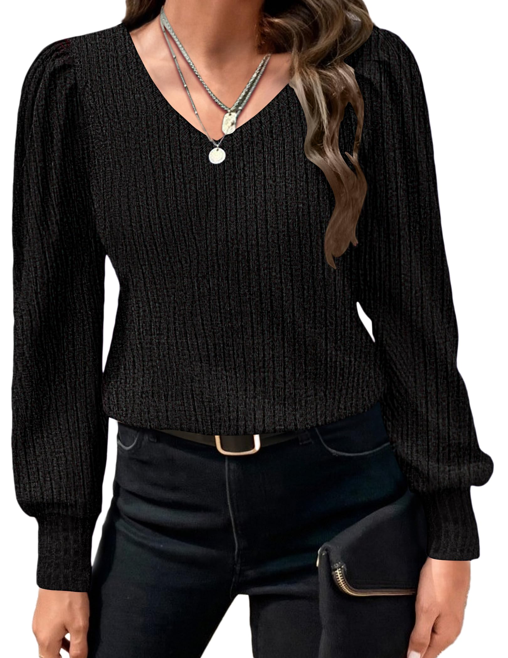 HOTOUCH Women's Knit Shirt Soft Puff Long Sleeve Blouse Tops Lightweight V Neck Tunic XS-XXL