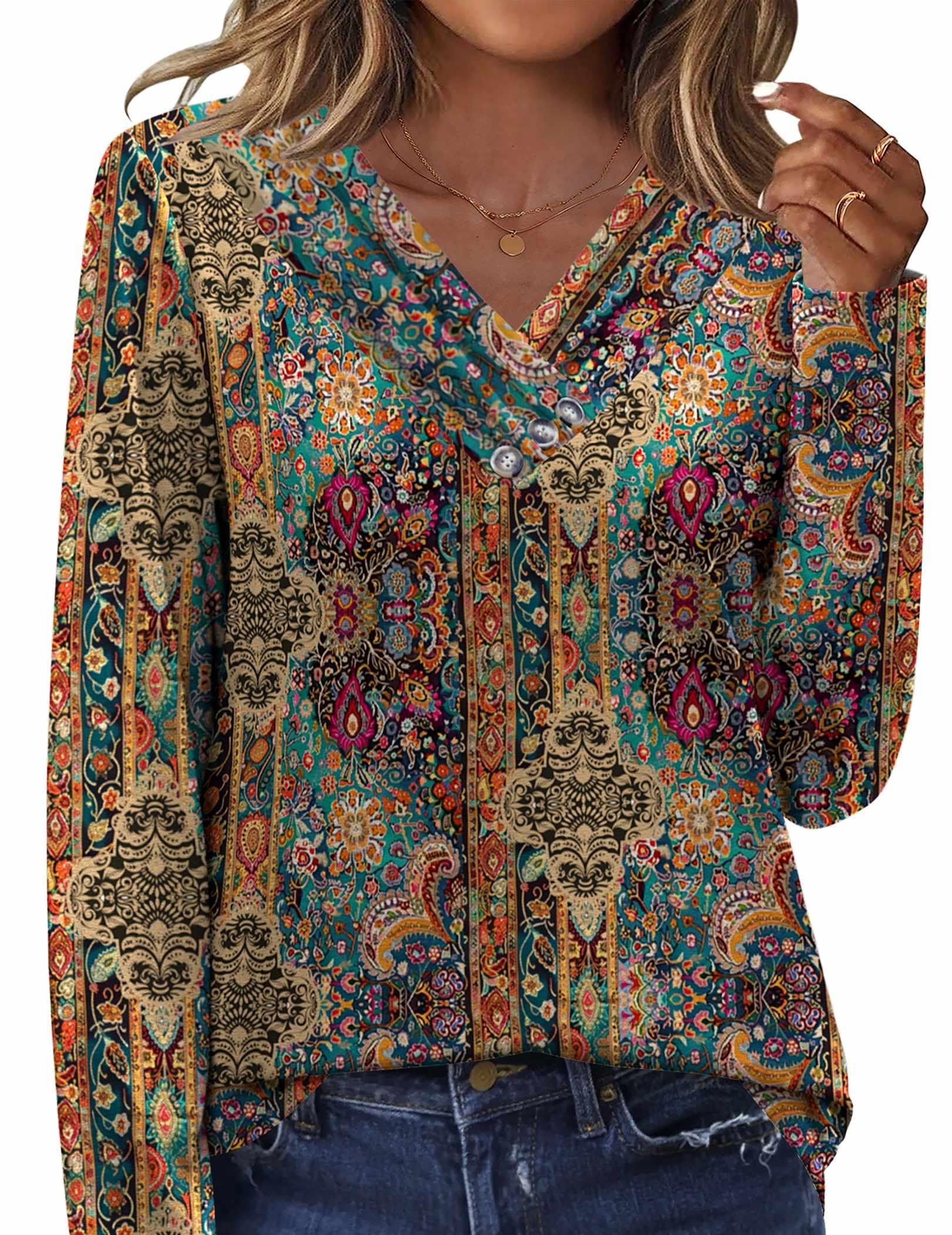 HOTOUCH Womens Fall Tunics Long Sleeve Tops Cross V Neck Shirts Loose Casual Blouses with Decor Button