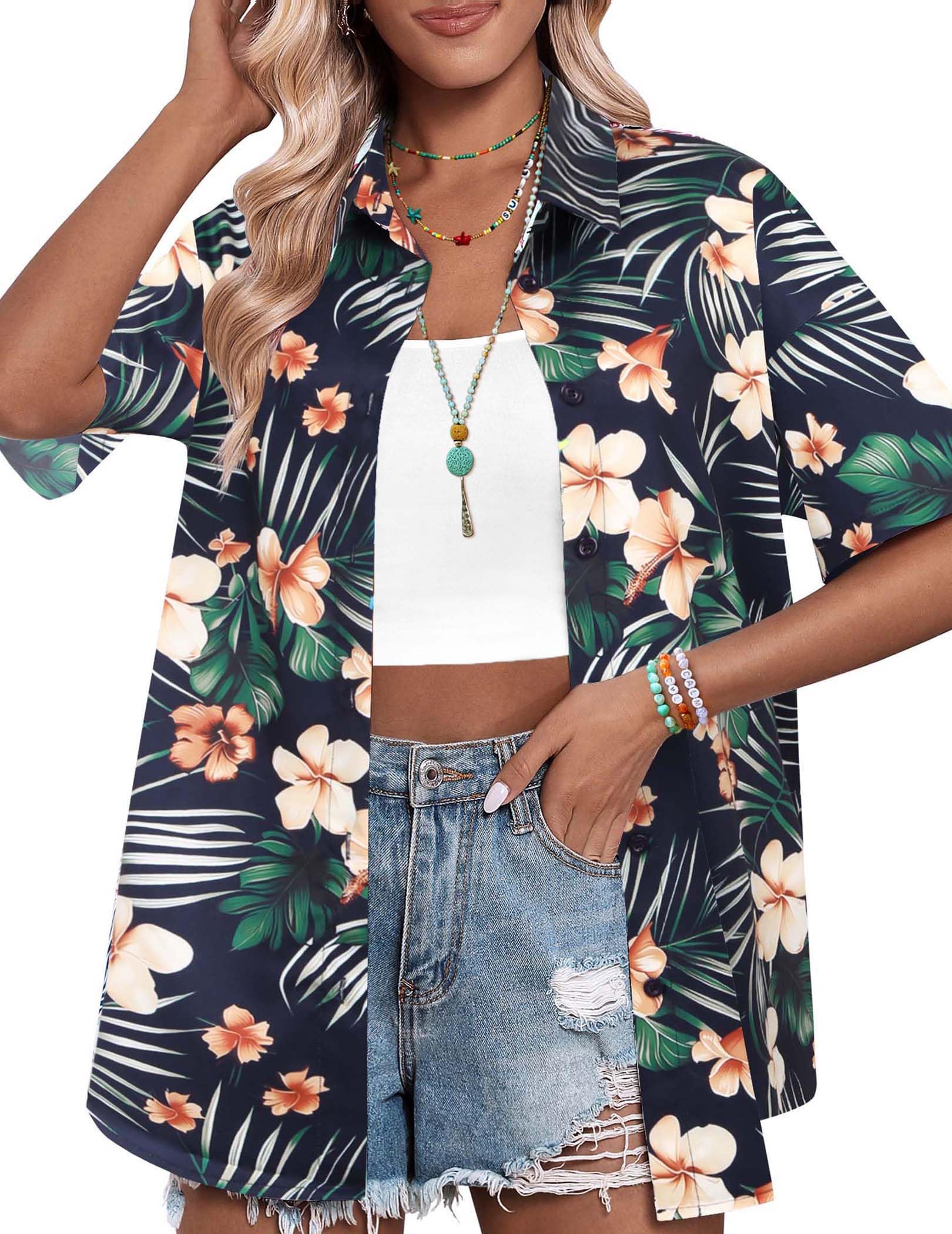 HOTOUCH Womens Hawaiian Shirts Button Up Casual Floral Tropical Shirt Summer Beach Shirt Cool Short Sleeve Blouse Tops