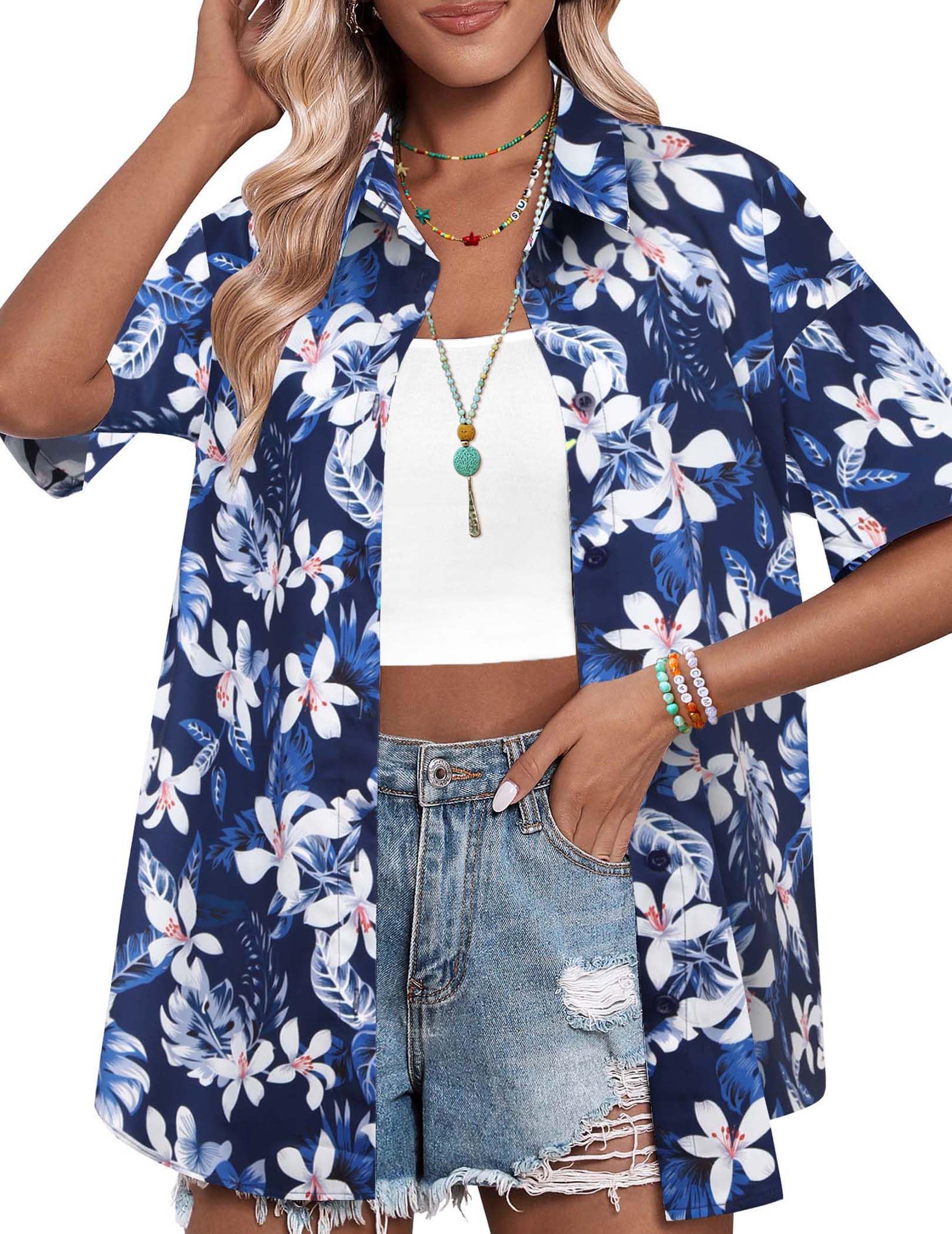 HOTOUCH Womens Hawaiian Shirts Button Up Casual Floral Tropical Shirt Summer Beach Shirt Cool Short Sleeve Blouse Tops