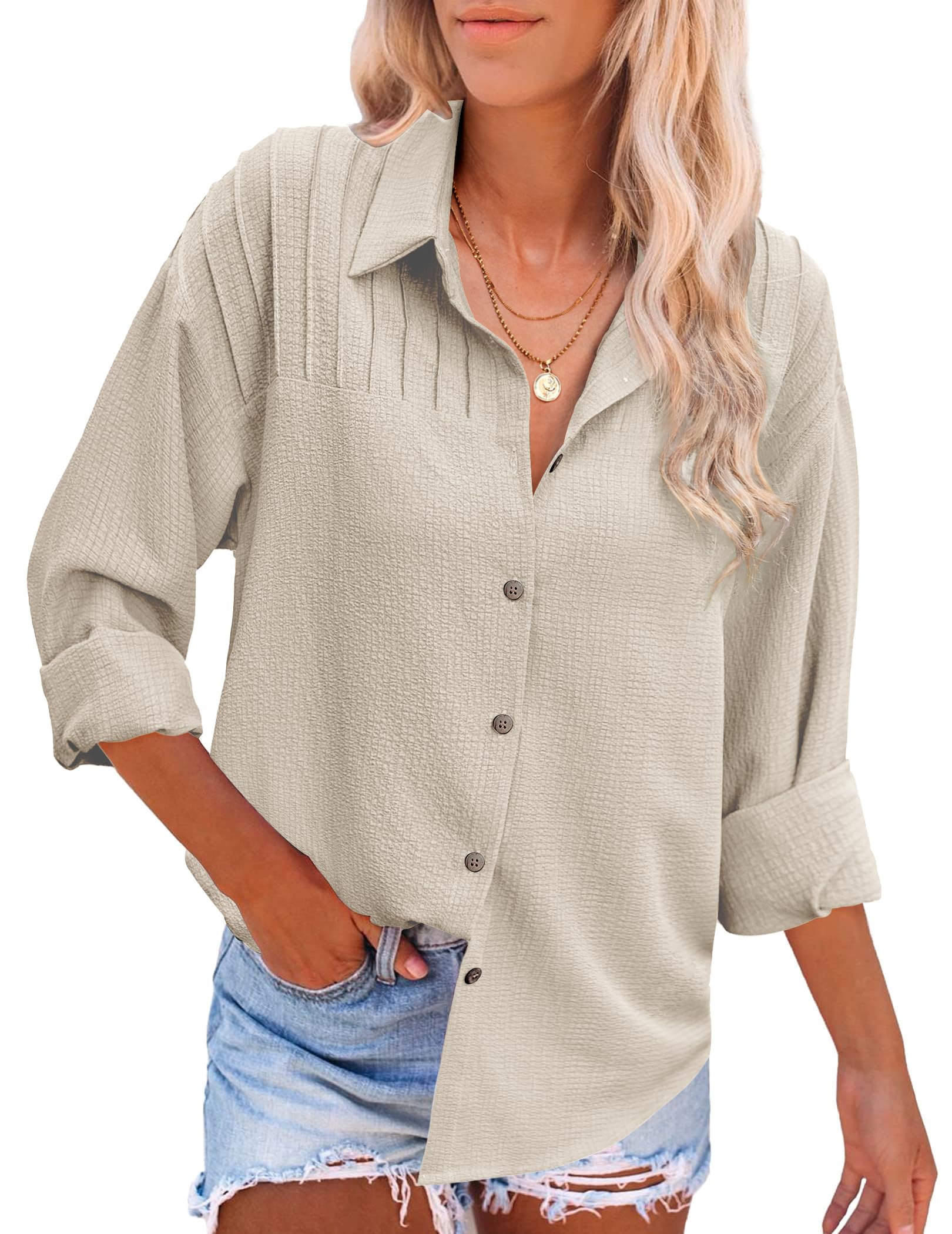 HOTOUCH Womens Long Sleeve Button Down Shirts Oversized Collared Drop Shoulder Work Tops Textured Loose Blouse S-XXXL