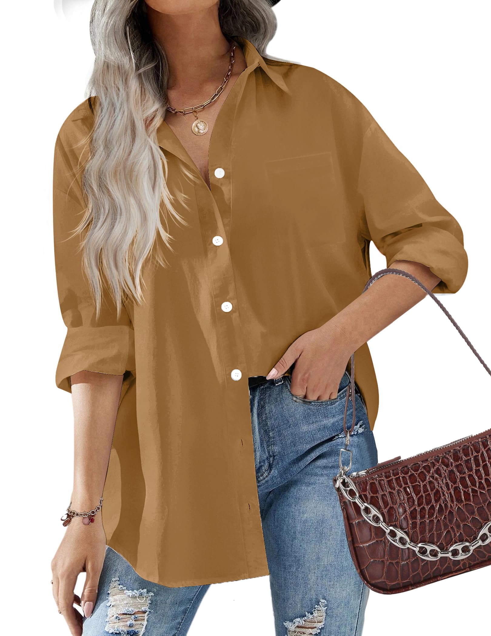 HOTOUCH Women Oversized Button Down Shirts Office Drop Shoulder Blouse Long Sleeve Boyfriend Dress Shirt with Pockets