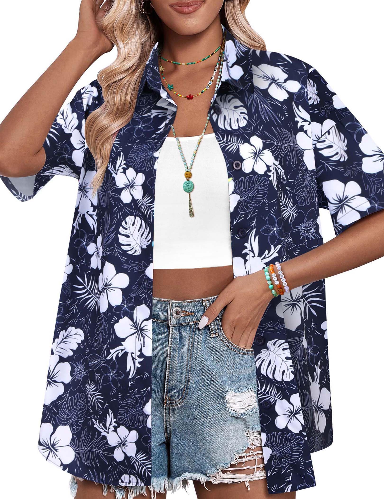 HOTOUCH Womens Hawaiian Shirts Button Up Casual Floral Tropical Shirt Summer Beach Shirt Cool Short Sleeve Blouse Tops