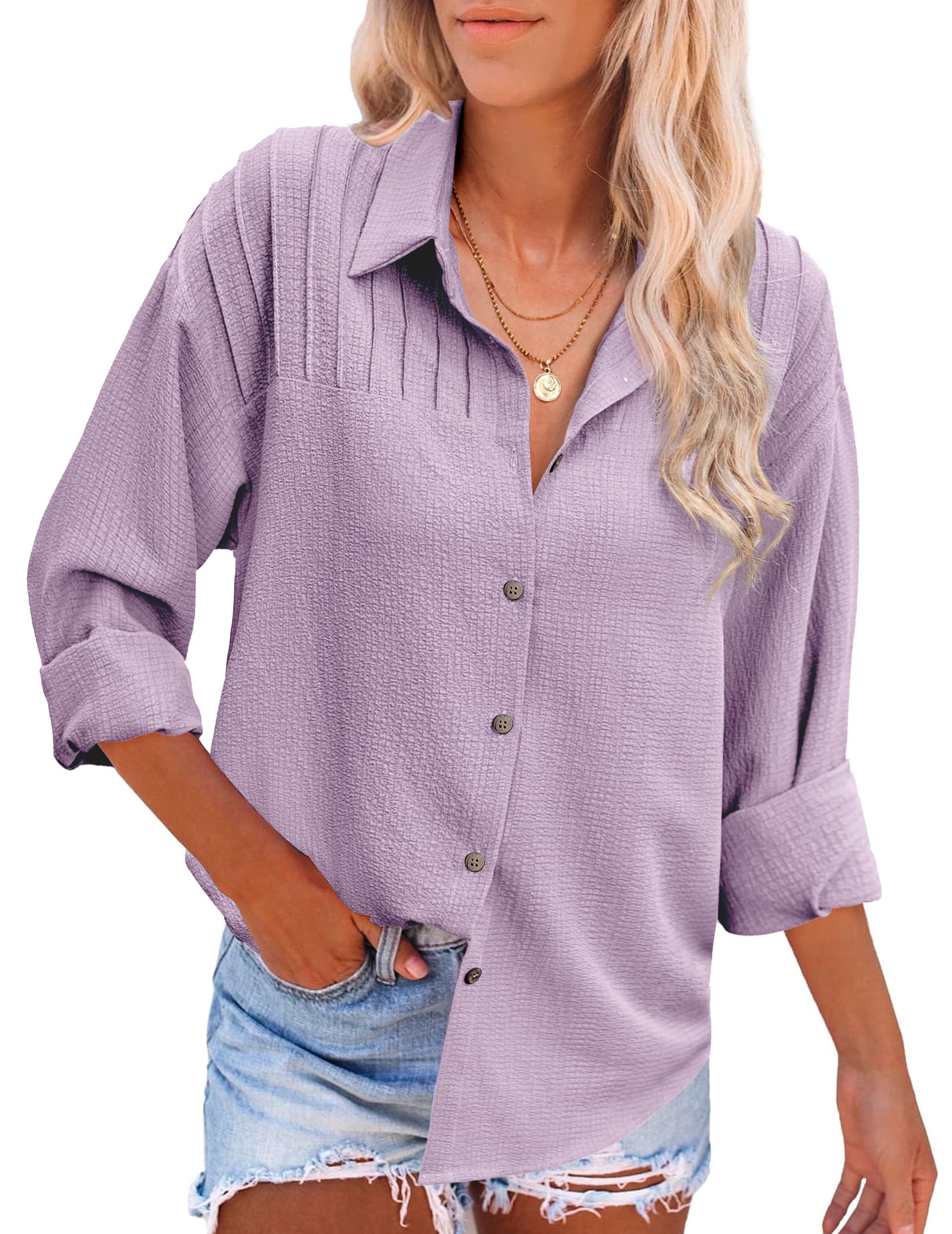 HOTOUCH Womens Long Sleeve Button Down Shirts Oversized Collared Drop Shoulder Work Tops Textured Loose Blouse S-XXXL