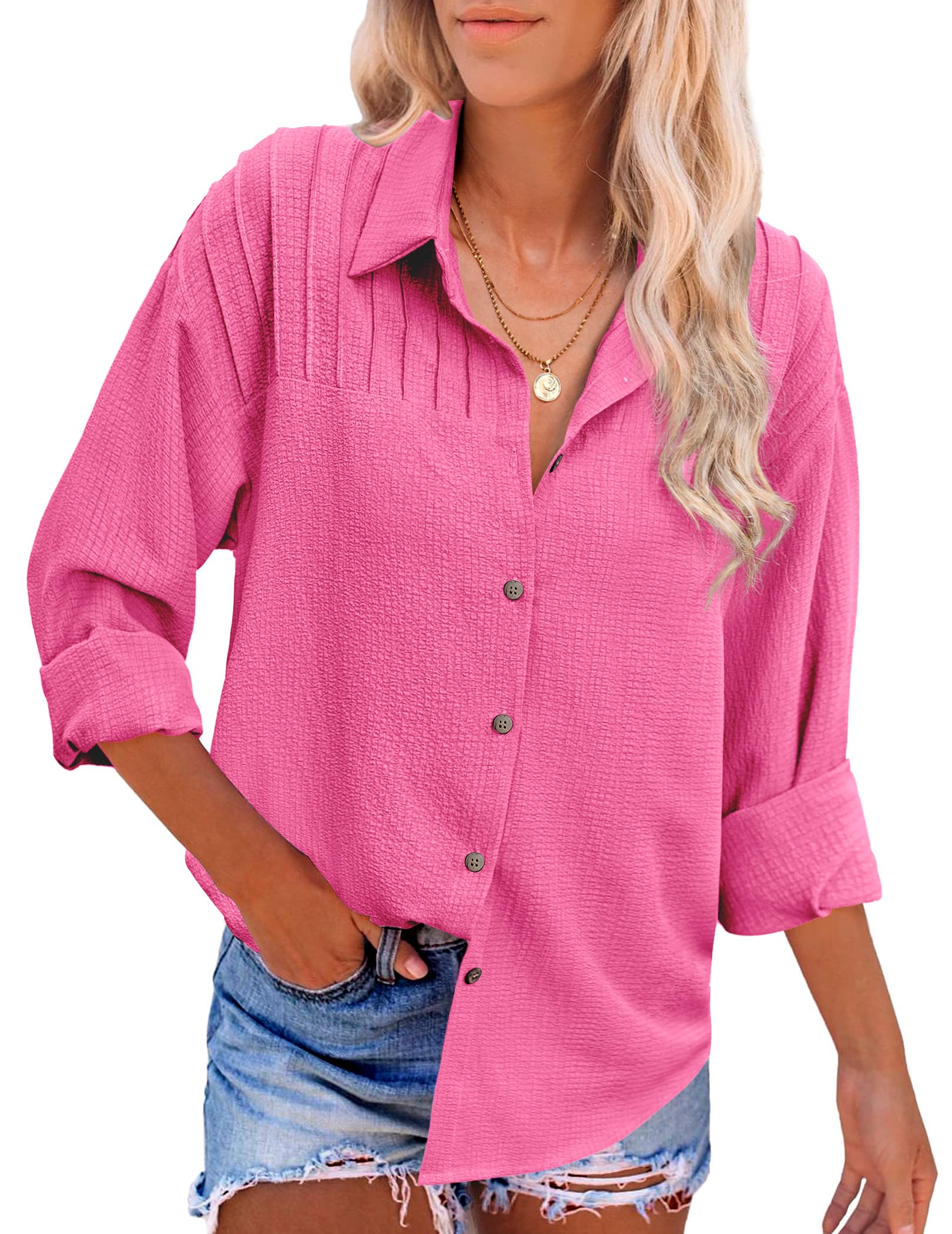 HOTOUCH Womens Long Sleeve Button Down Shirts Oversized Collared Drop Shoulder Work Tops Textured Loose Blouse S-XXXL