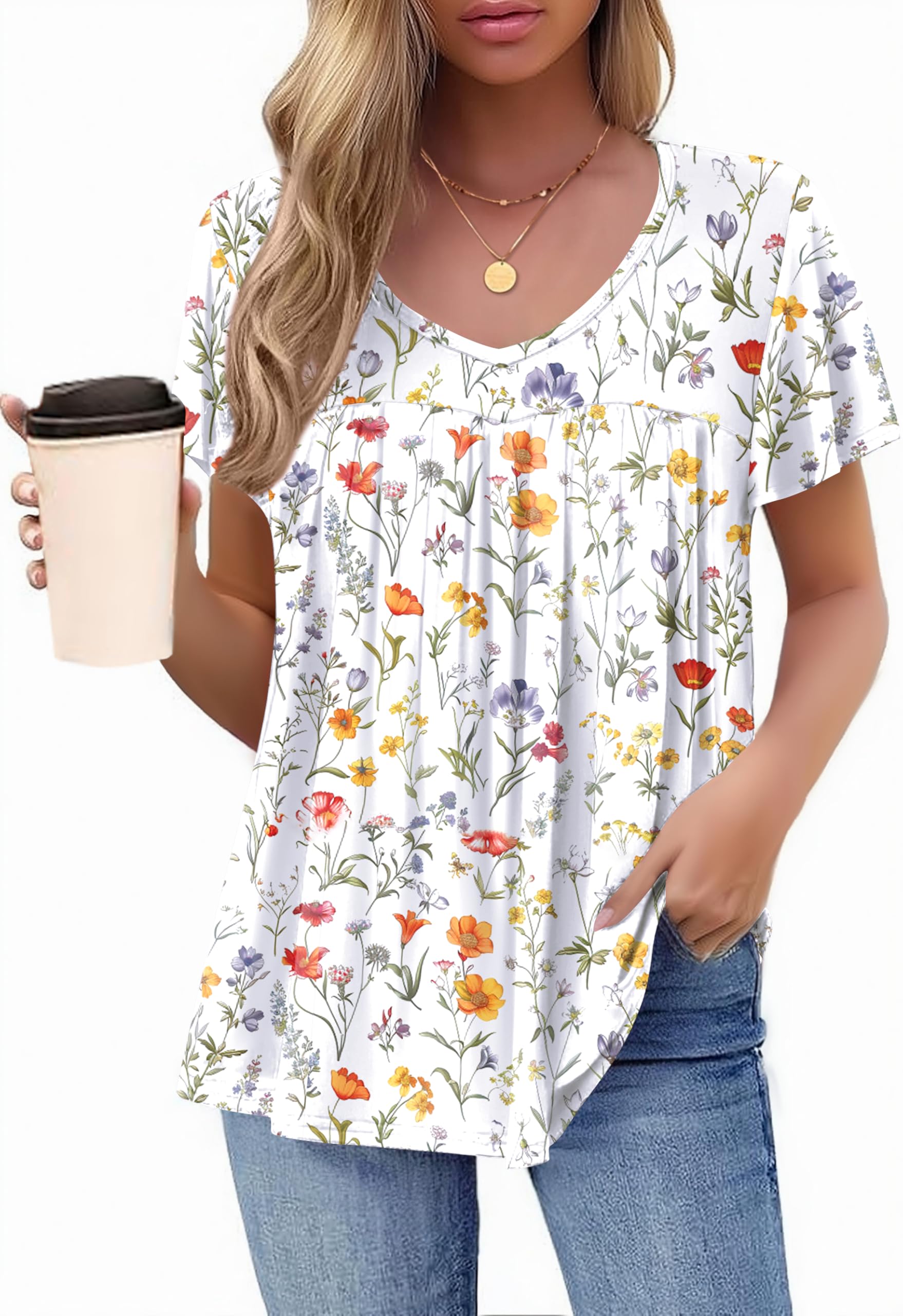 HOTOUCH Womens Short Sleeve Tunic Tops V Neck Loose Fit Ruffle Sleeve Shirts Summer Floral Dressy Casual Boho Blouses