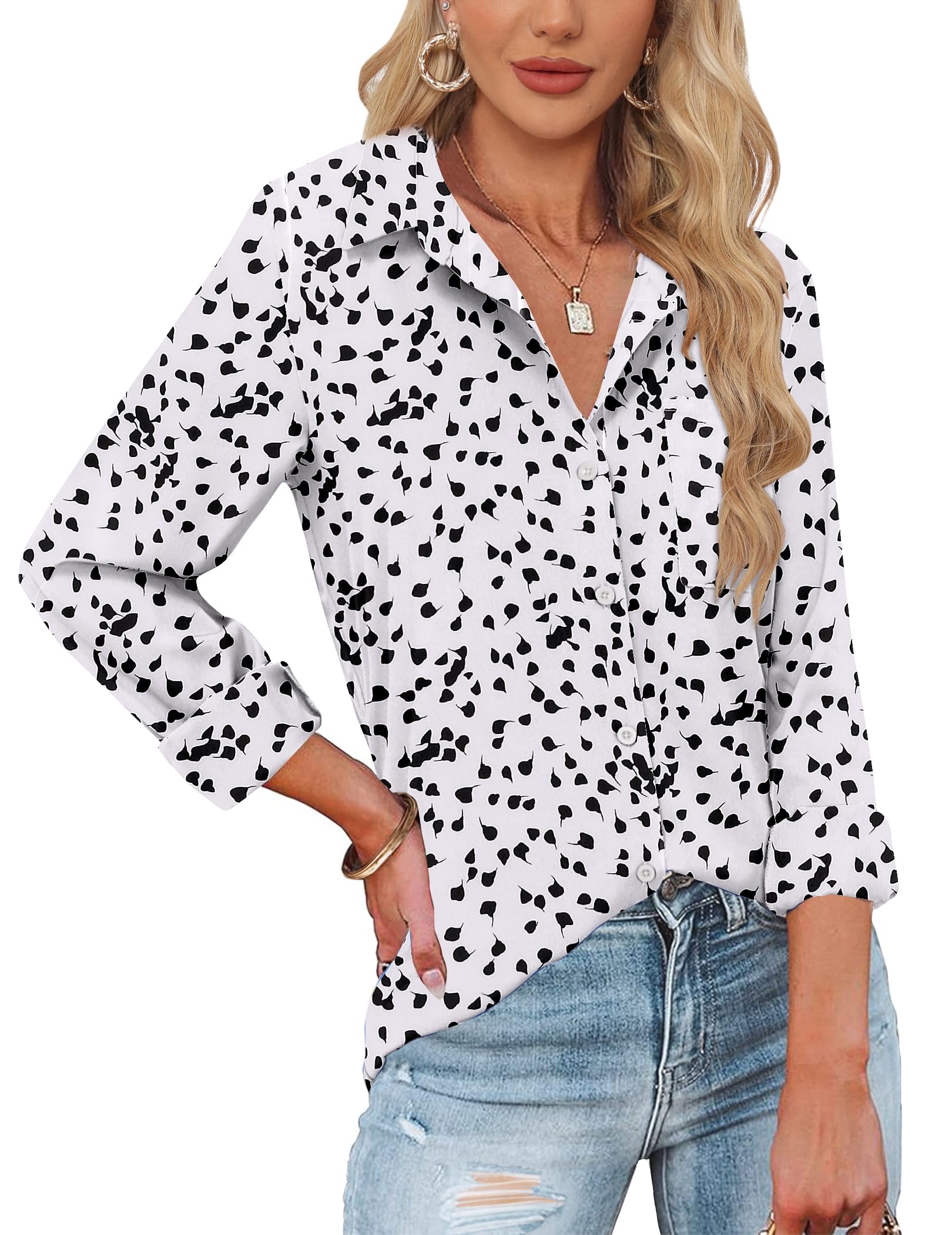 HOTOUCH Womens Button Down Shirts Long Sleeve Dress Shirts Casual V Neck Collared Tops Work Office Blouse with Pocket