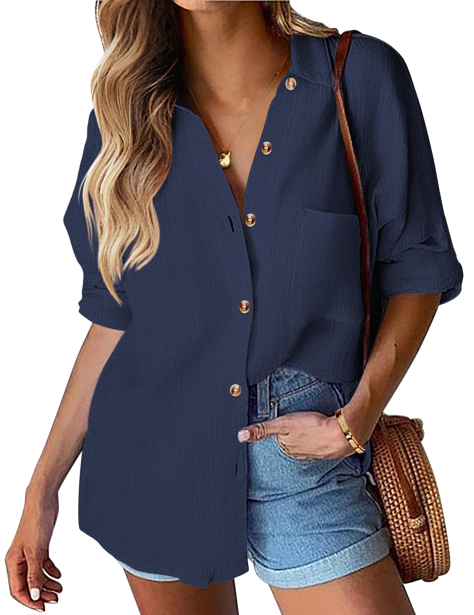 HOTOUCH Womens Linen Button Down Shirt Casual Long Sleeve Cotton Blouse Loose Fit Collared Work Gauze Tops with Pocket