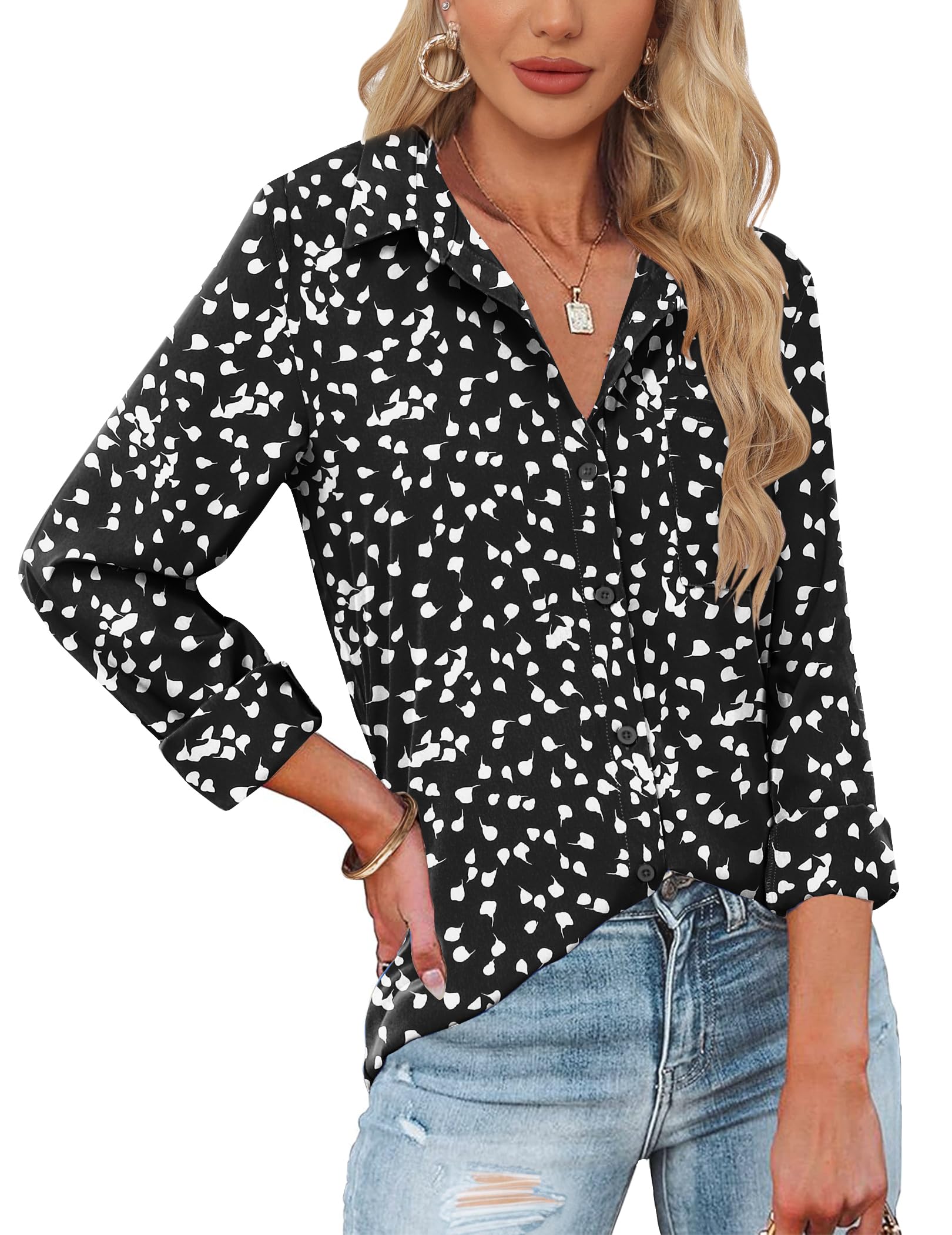 HOTOUCH Womens Button Down Shirts Long Sleeve Dress Shirts Casual V Neck Collared Tops Work Office Blouse with Pocket