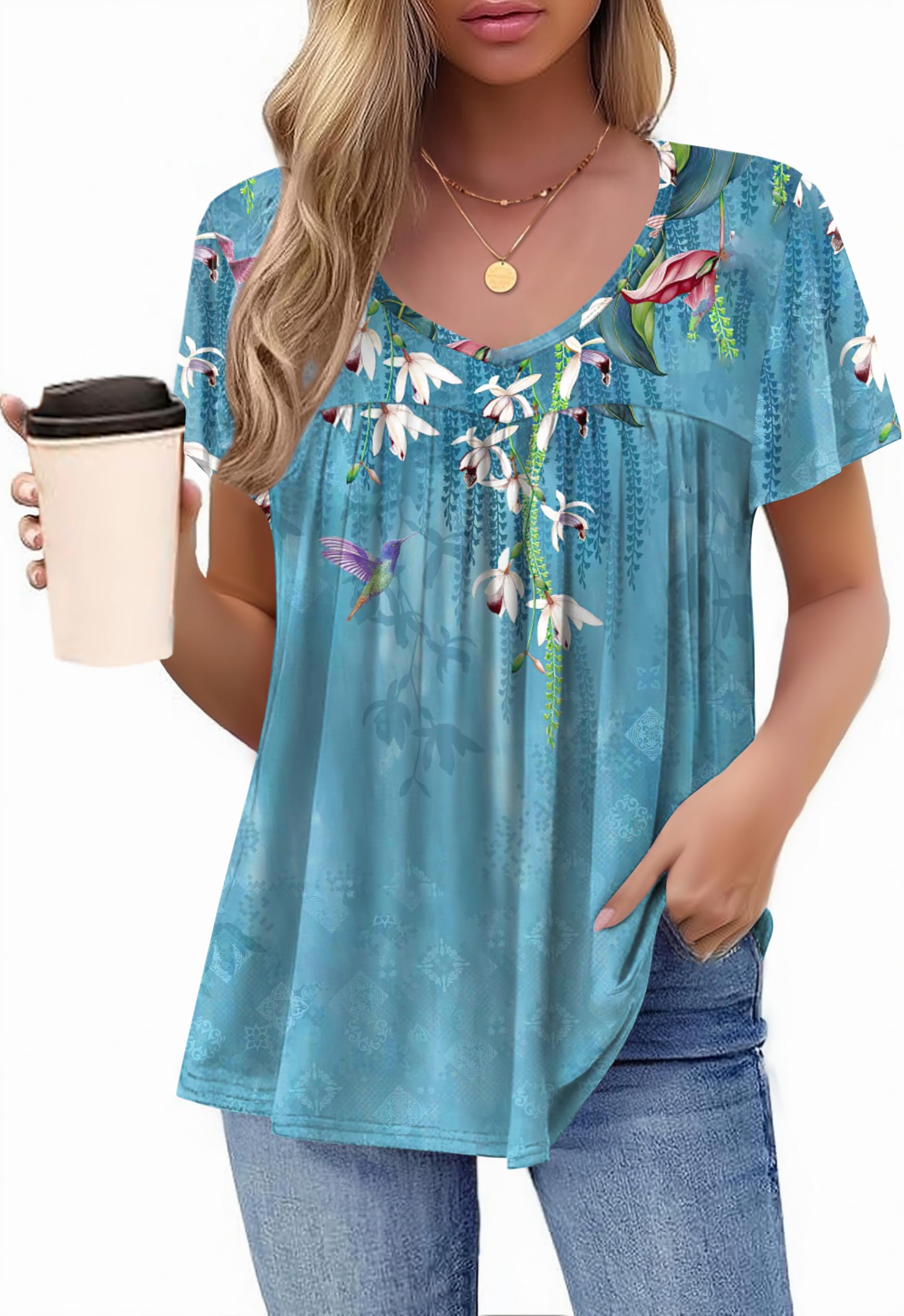 HOTOUCH Womens Short Sleeve Tunic Tops V Neck Loose Fit Ruffle Sleeve Shirts Summer Floral Dressy Casual Boho Blouses