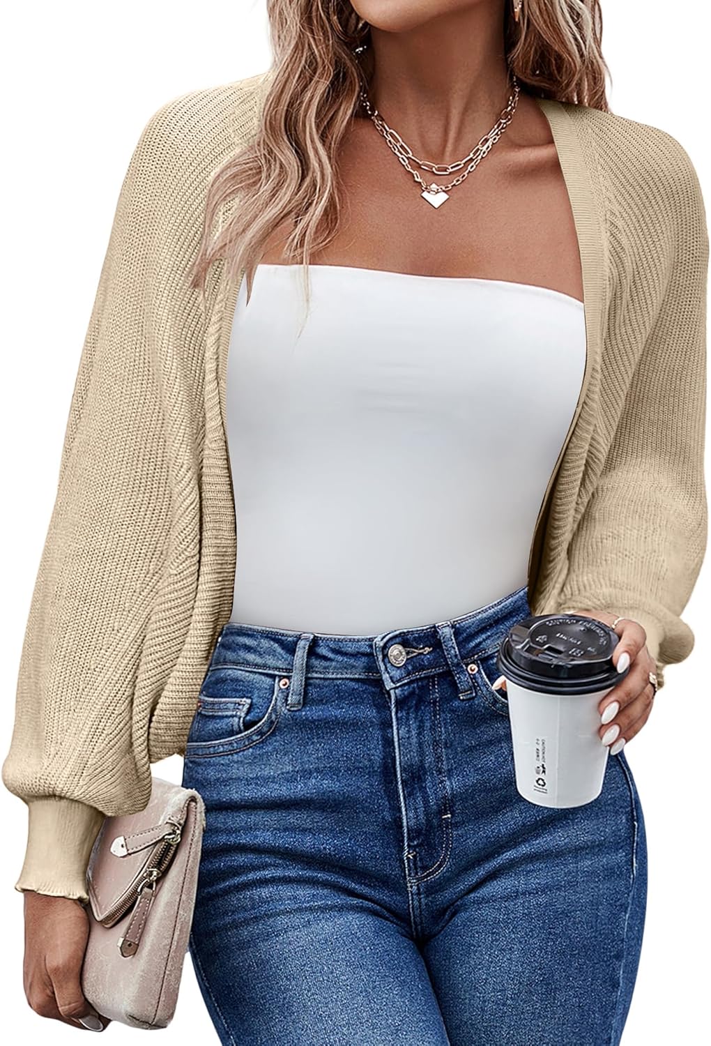 HOTOUCH Women's Cardigan Shrugs Long Batwing Sleeve Knitted Cropped Bolero Open Front Casual Elegant Cardigans for Dresses