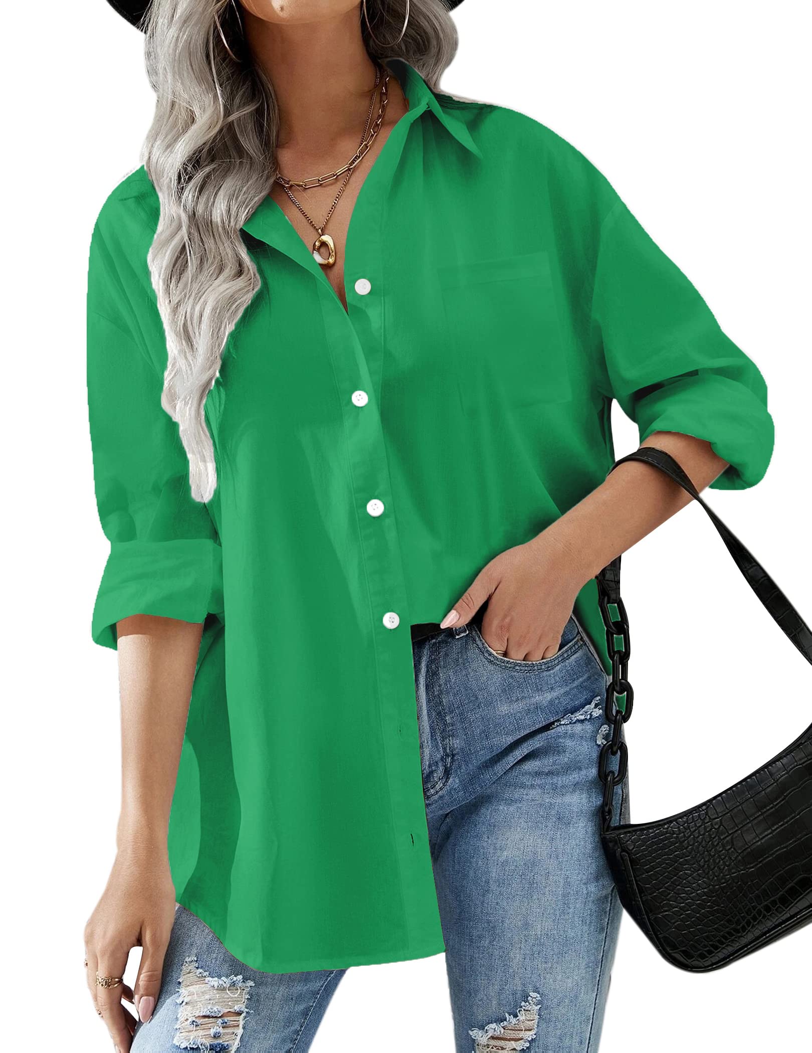HOTOUCH Women Oversized Button Down Shirts Office Drop Shoulder Blouse Long Sleeve Boyfriend Dress Shirt with Pockets
