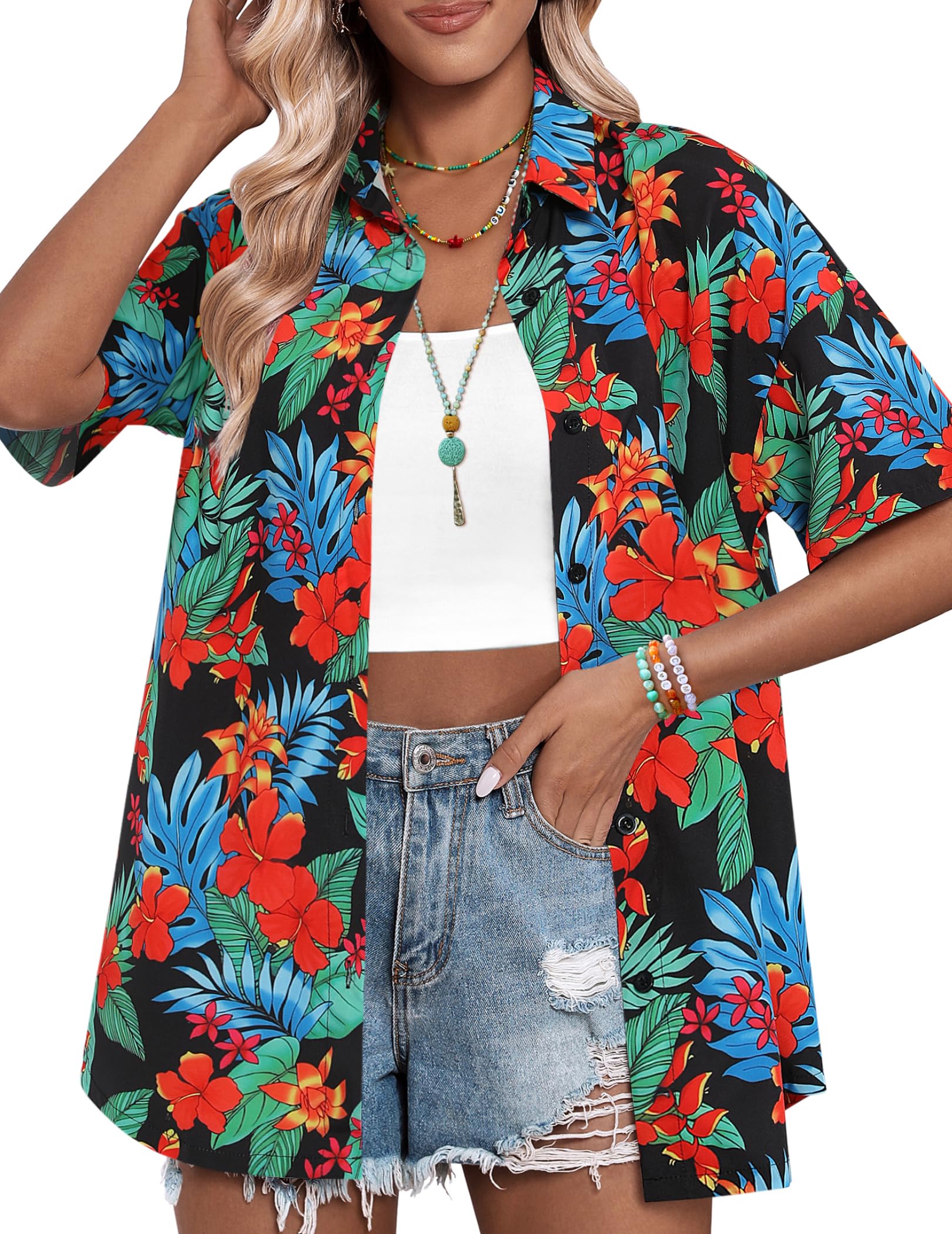 HOTOUCH Womens Hawaiian Shirts Button Up Casual Floral Tropical Shirt Summer Beach Shirt Cool Short Sleeve Blouse Tops