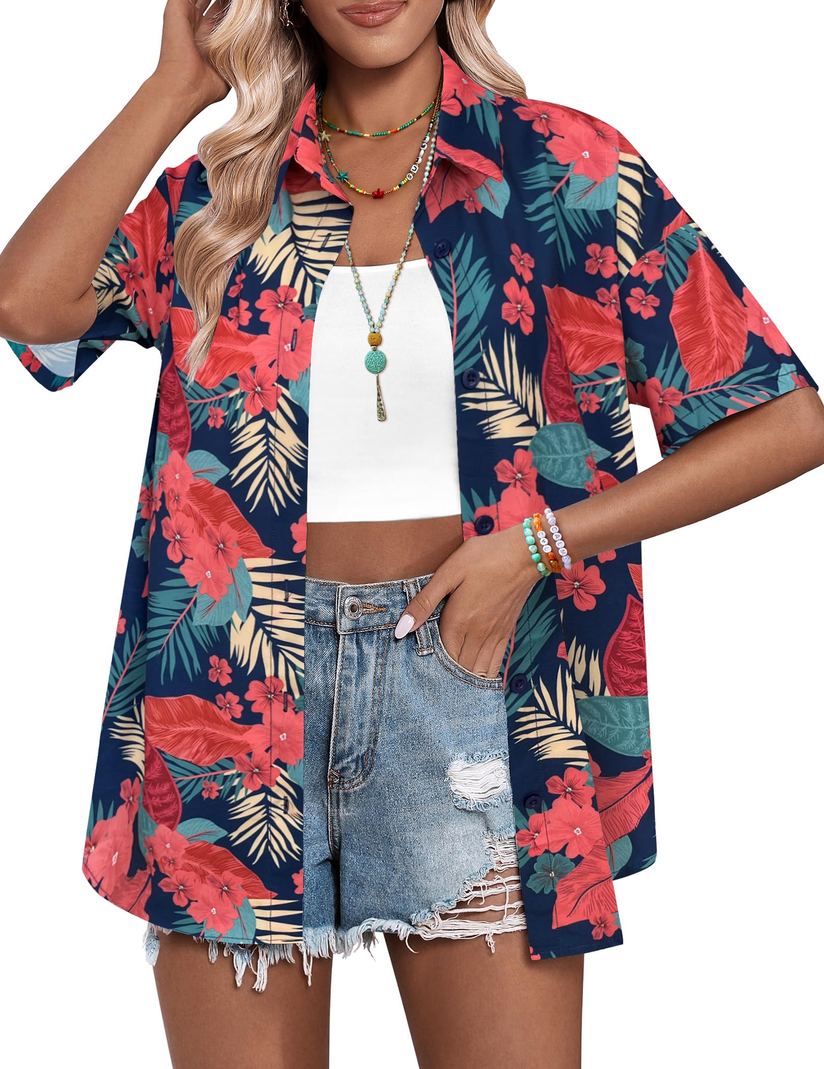 HOTOUCH Womens Hawaiian Shirts Button Up Casual Floral Tropical Shirt Summer Beach Shirt Cool Short Sleeve Blouse Tops