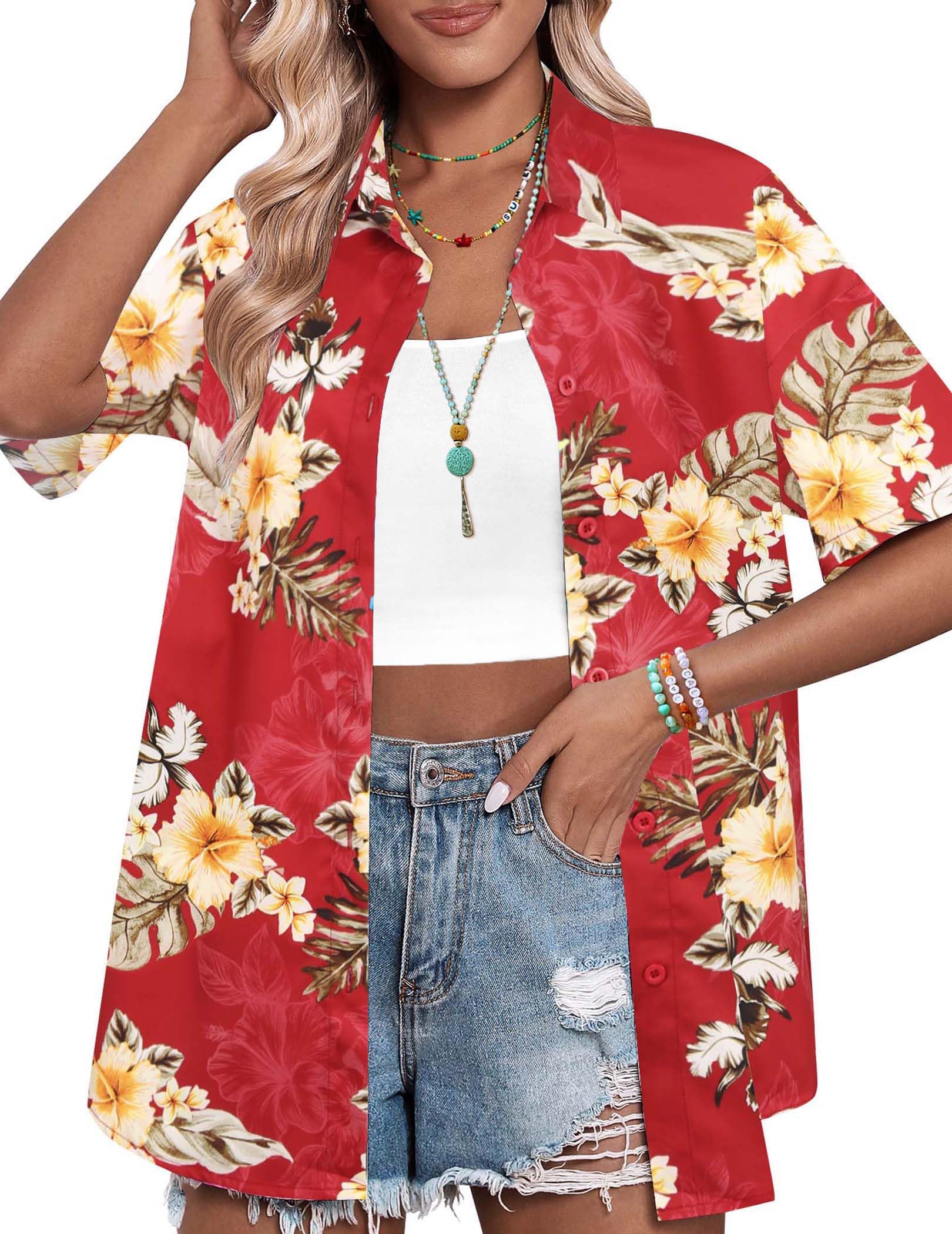HOTOUCH Womens Hawaiian Shirts Button Up Casual Floral Tropical Shirt Summer Beach Shirt Cool Short Sleeve Blouse Tops