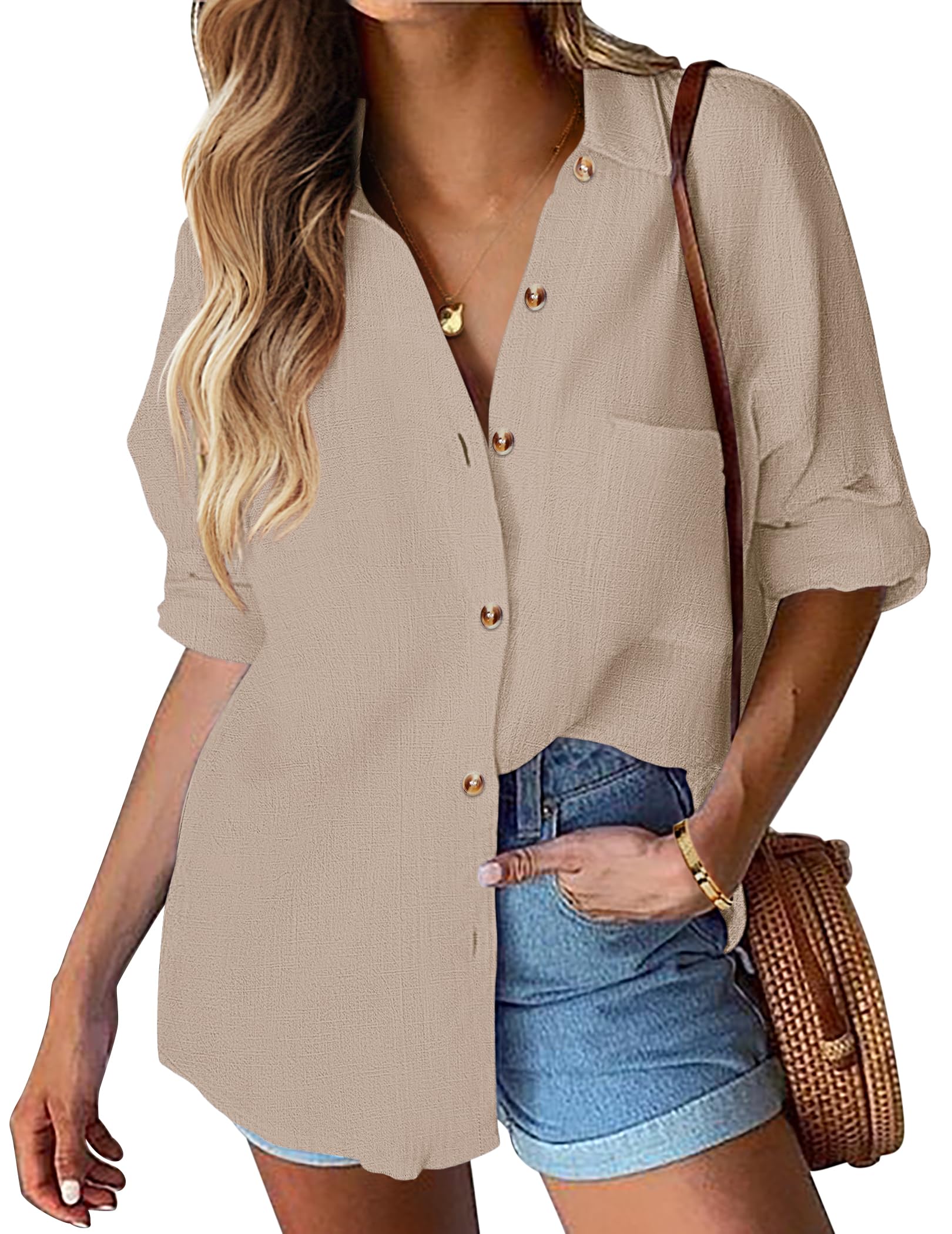 HOTOUCH Womens Linen Button Down Shirt Casual Long Sleeve Cotton Blouse Loose Fit Collared Work Gauze Tops with Pocket
