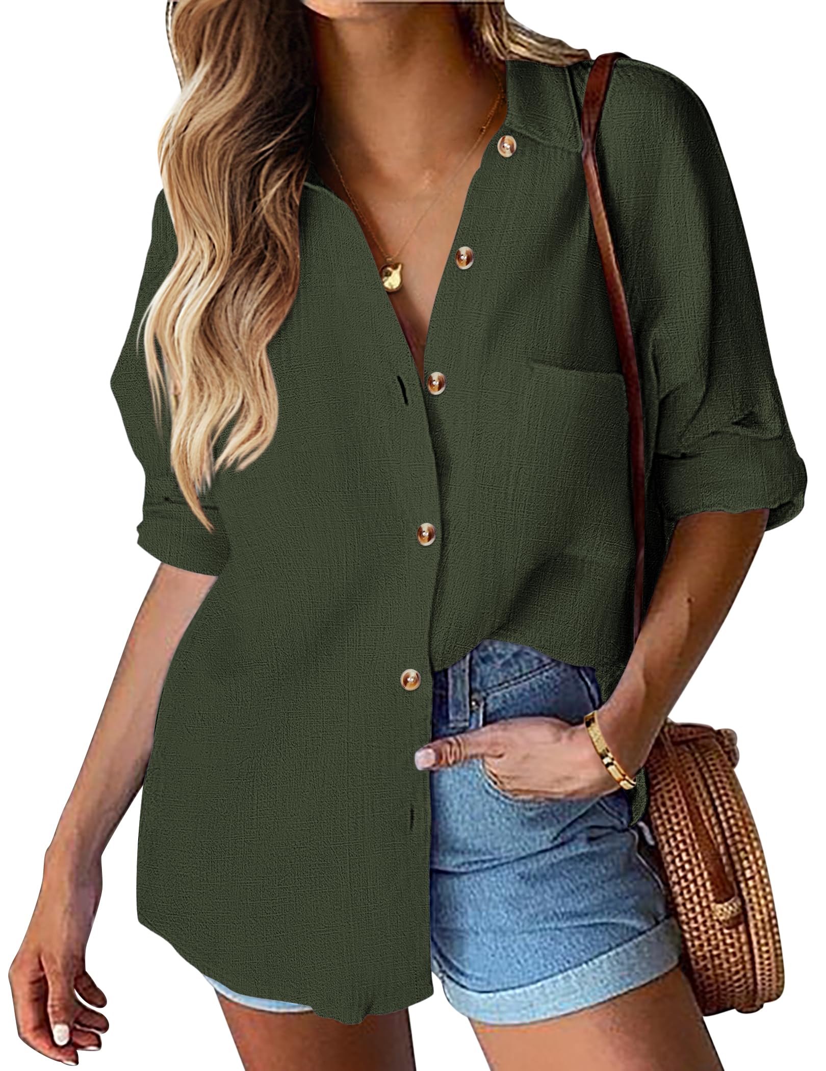 HOTOUCH Womens Linen Button Down Shirt Casual Long Sleeve Cotton Blouse Loose Fit Collared Work Gauze Tops with Pocket