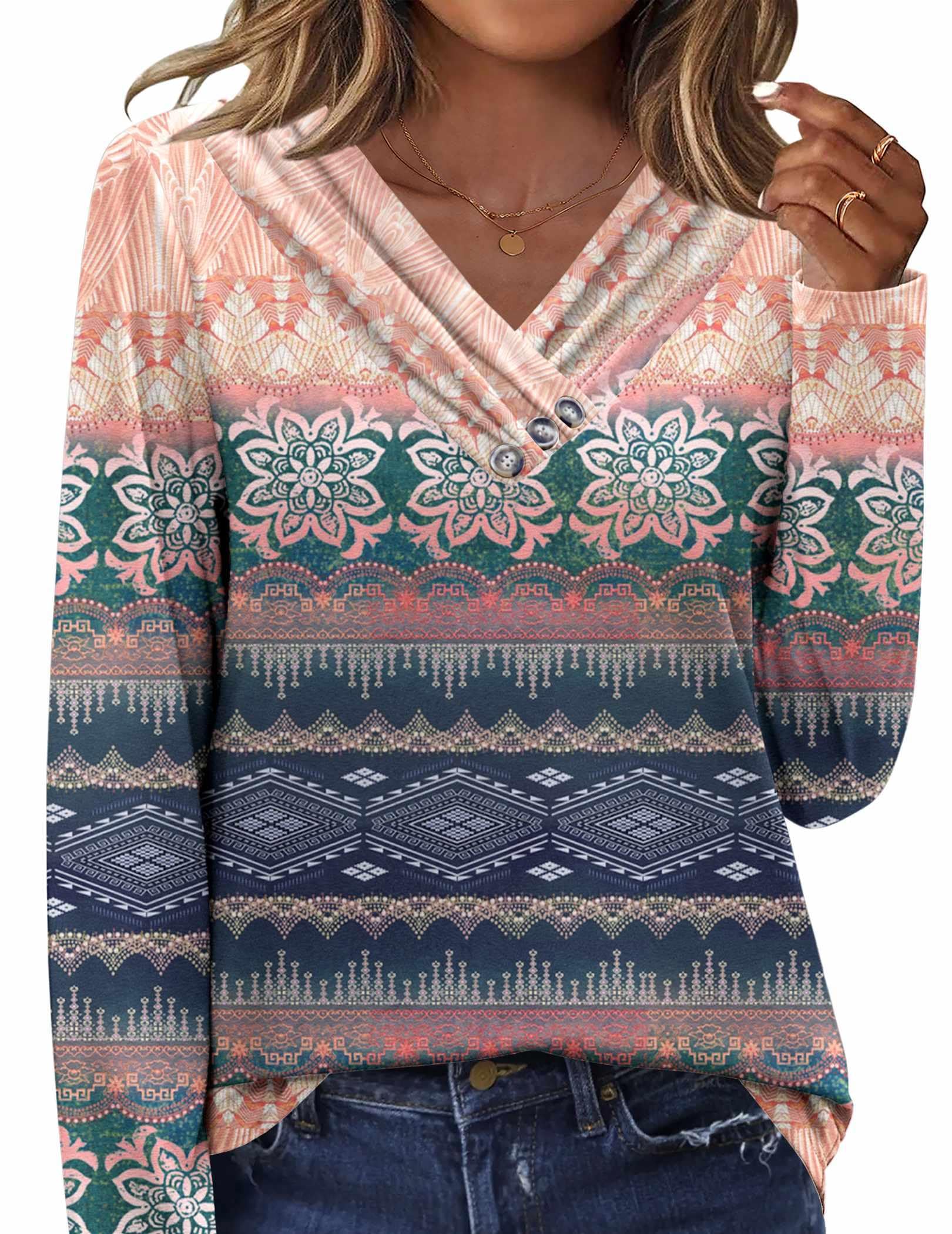 HOTOUCH Womens Fall Tunics Long Sleeve Tops Cross V Neck Shirts Loose Casual Blouses with Decor Button