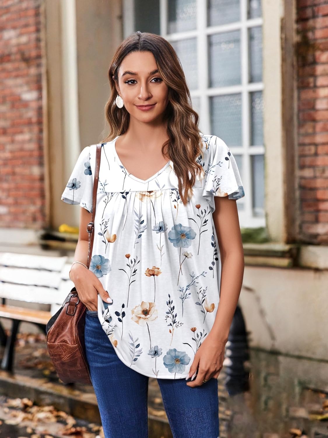 HOTOUCH Womens Short Sleeve Tunic Tops V Neck Loose Fit Ruffle Sleeve Shirts Summer Floral Dressy Casual Boho Blouses
