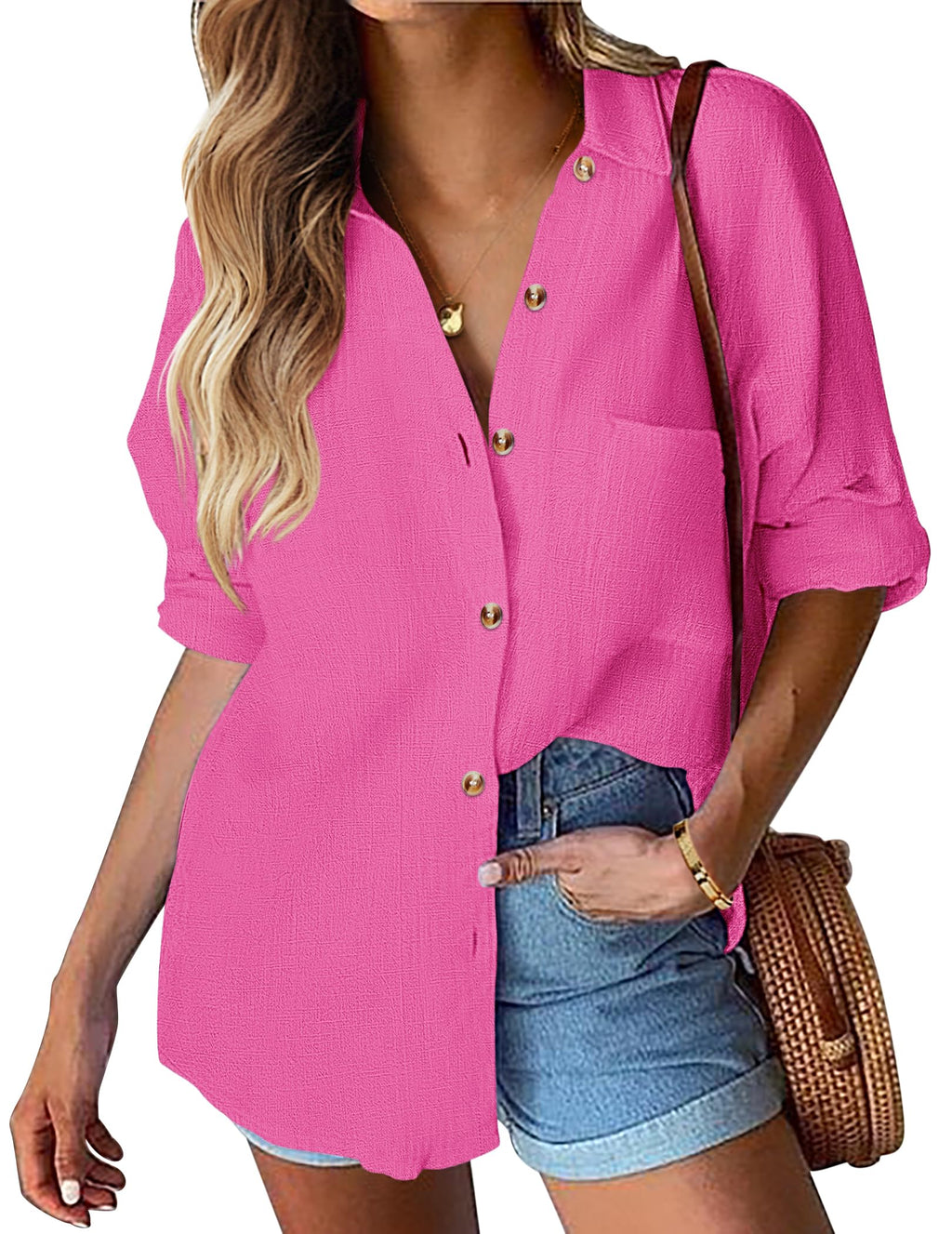 HOTOUCH Womens Linen Button Down Shirt Casual Long Sleeve Cotton Blouse Loose Fit Collared Work Gauze Tops with Pocket