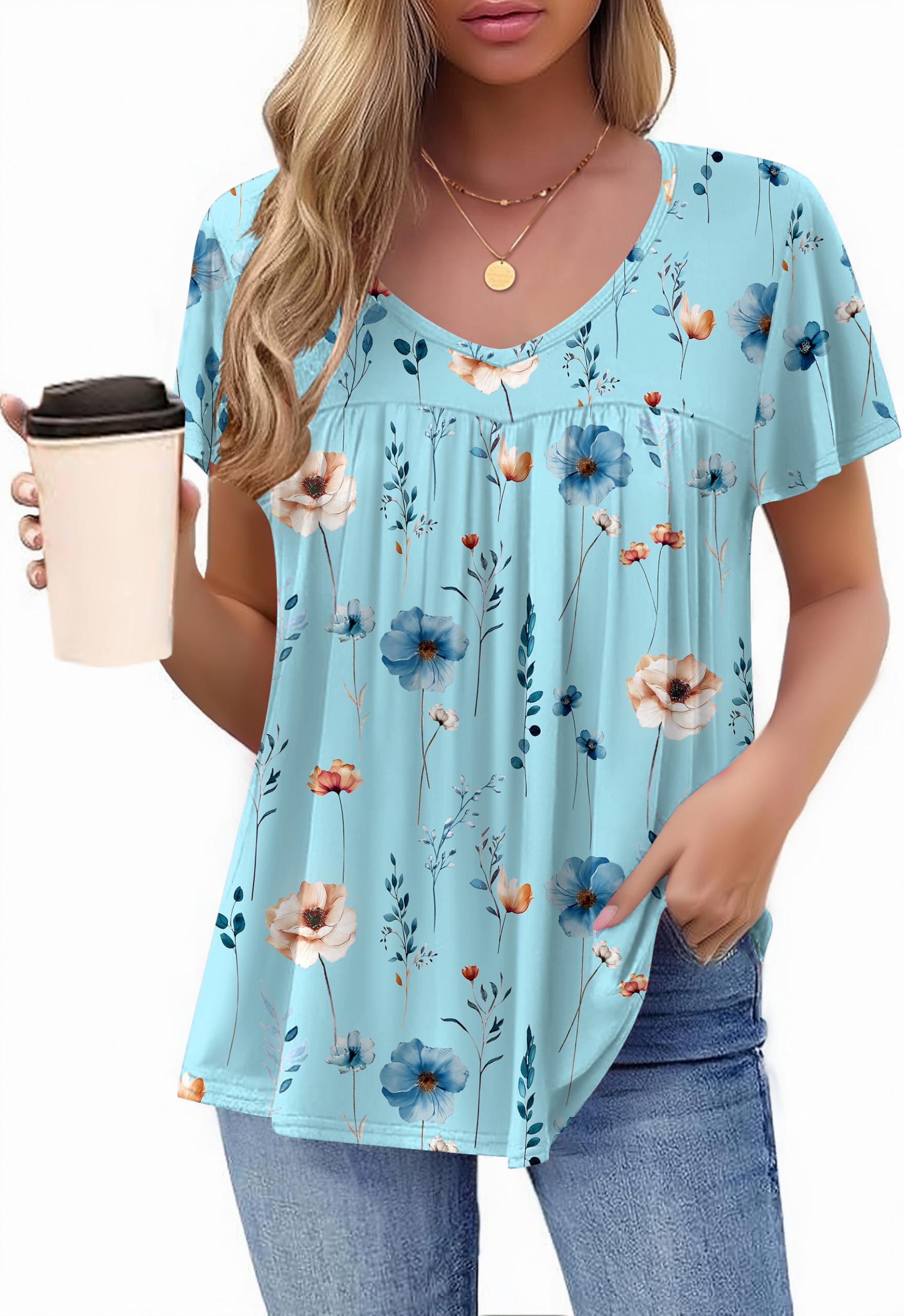 HOTOUCH Womens Short Sleeve Tunic Tops V Neck Loose Fit Ruffle Sleeve Shirts Summer Floral Dressy Casual Boho Blouses