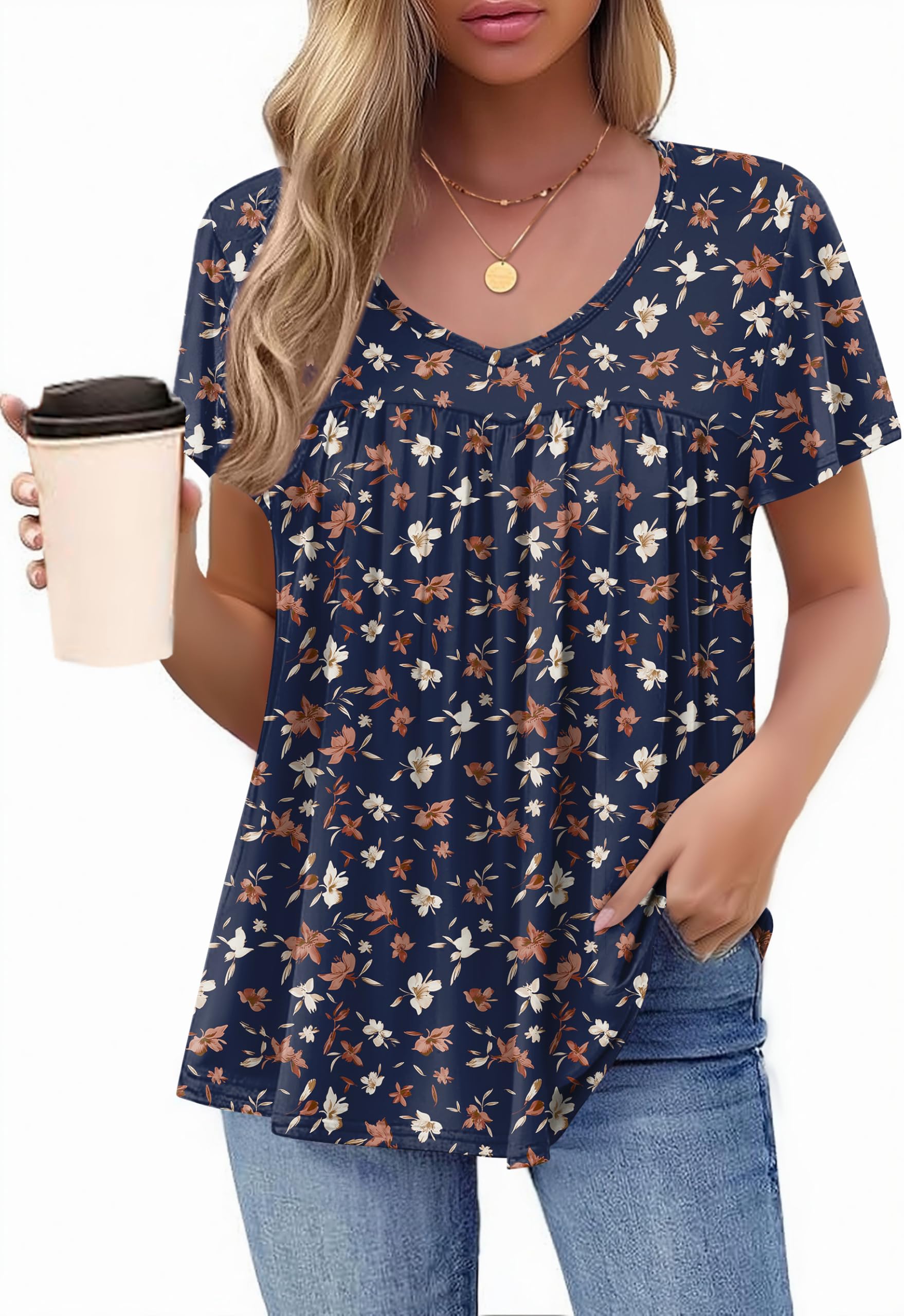 HOTOUCH Womens Short Sleeve Tunic Tops V Neck Loose Fit Ruffle Sleeve Shirts Summer Floral Dressy Casual Boho Blouses