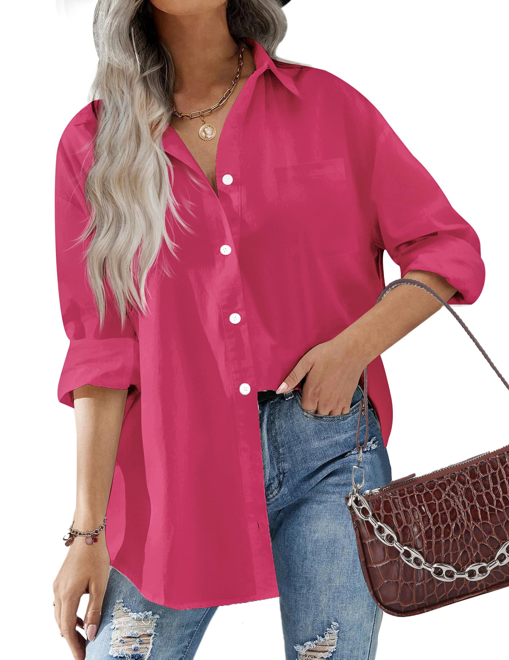 HOTOUCH Women Oversized Button Down Shirts Office Drop Shoulder Blouse Long Sleeve Boyfriend Dress Shirt with Pockets