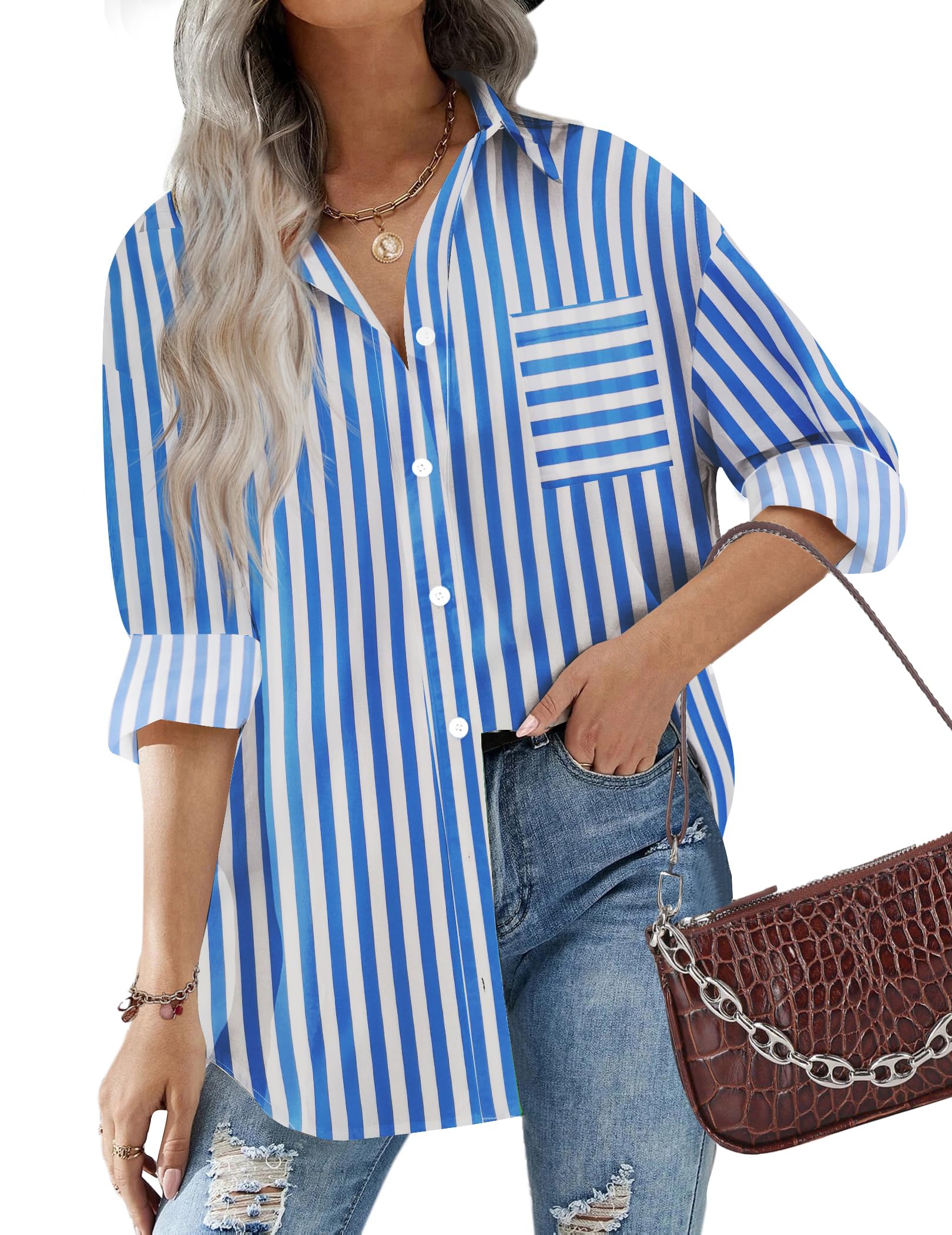 HOTOUCH Women Oversized Button Down Shirts Office Drop Shoulder Blouse Long Sleeve Boyfriend Dress Shirt with Pockets