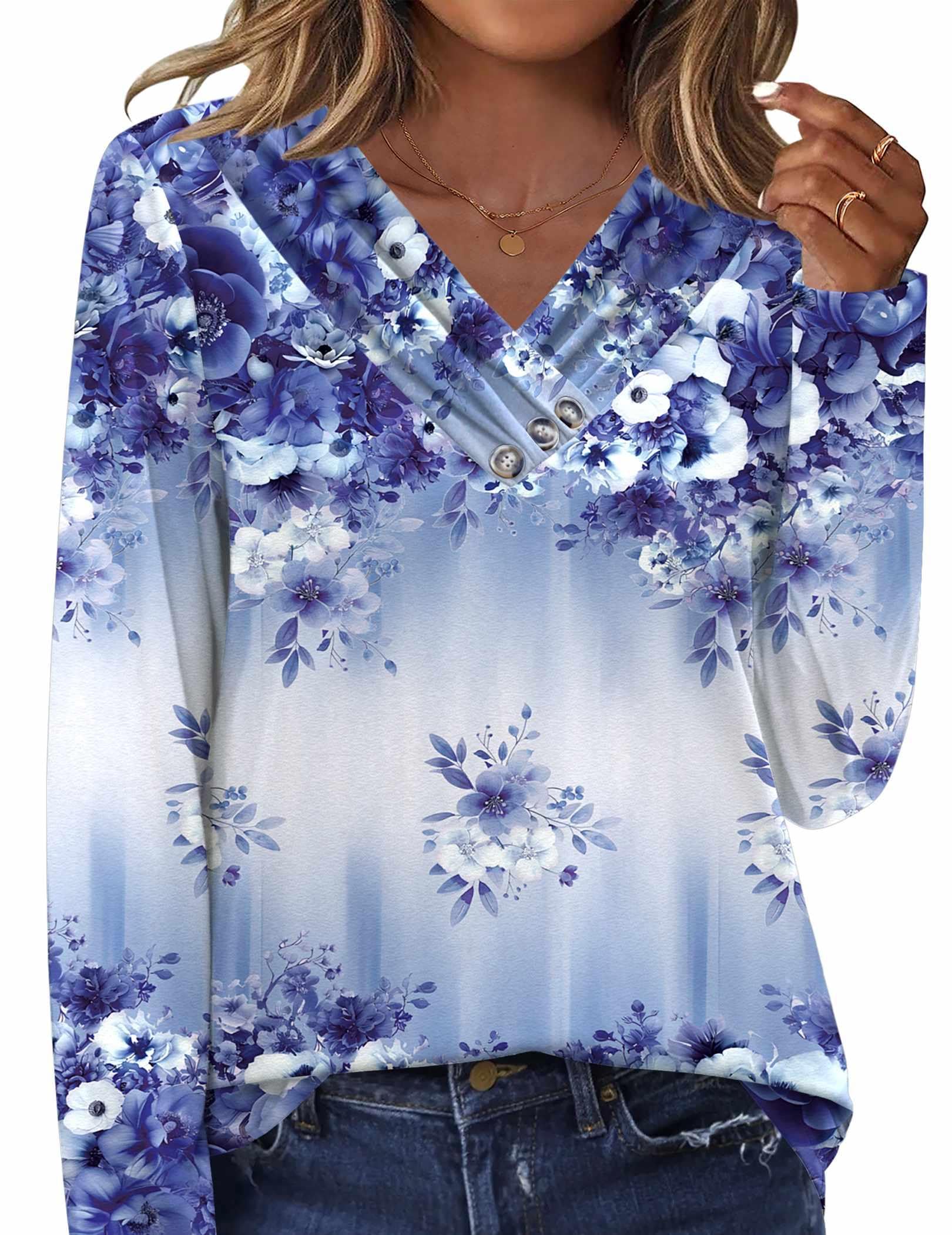 HOTOUCH Womens Fall Tunics Long Sleeve Tops Cross V Neck Shirts Loose Casual Blouses with Decor Button