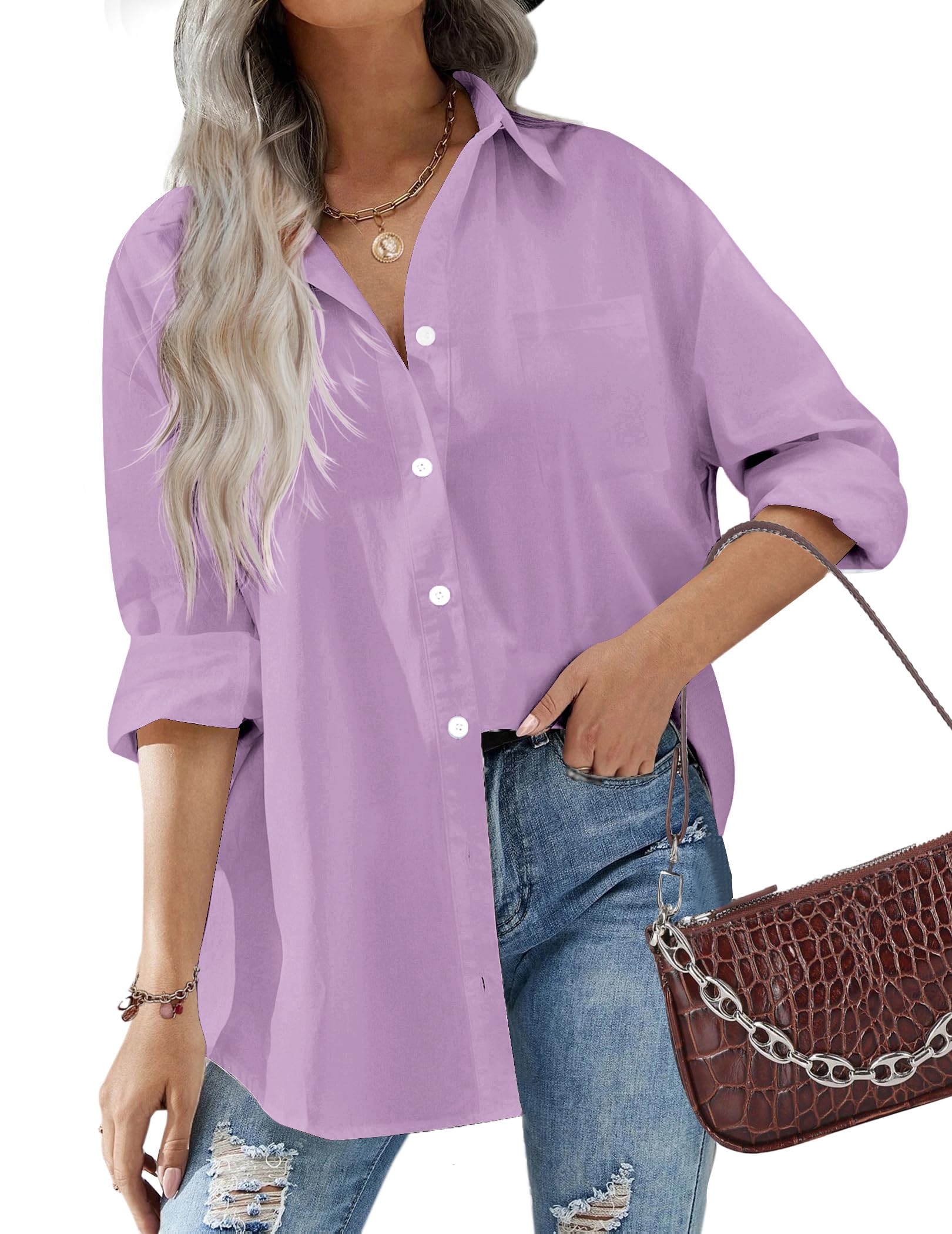 HOTOUCH Women Oversized Button Down Shirts Office Drop Shoulder Blouse Long Sleeve Boyfriend Dress Shirt with Pockets