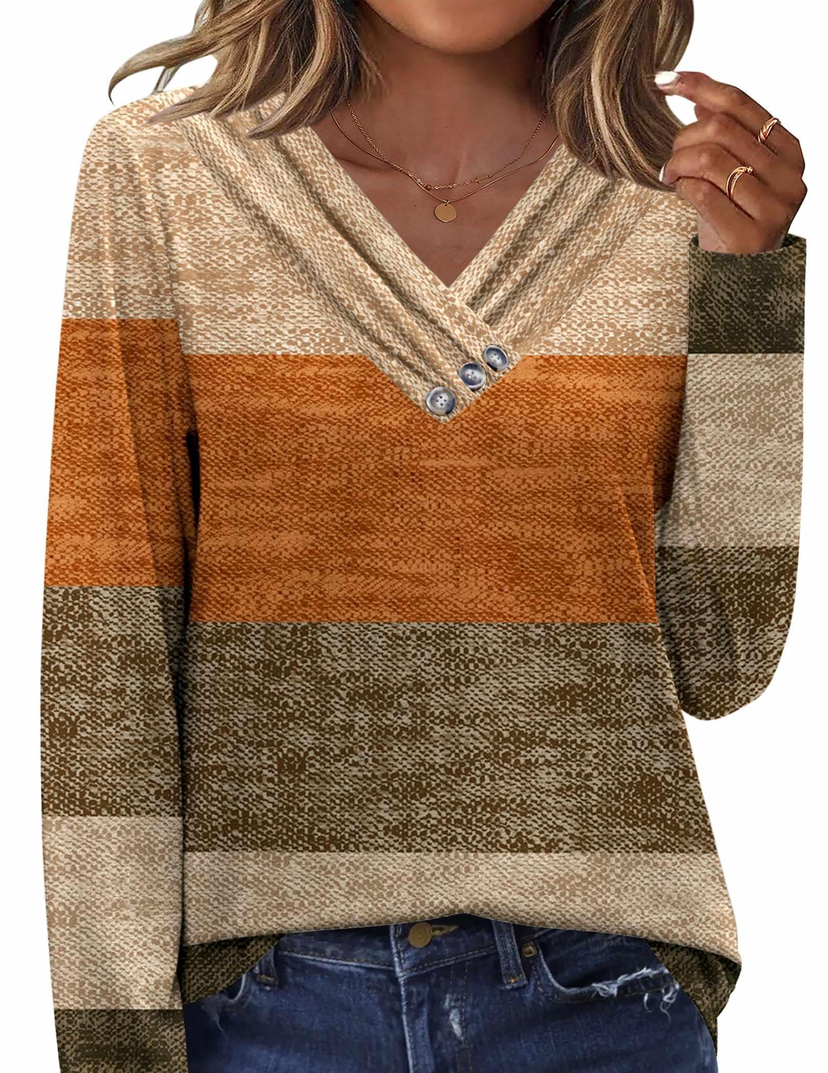 HOTOUCH Womens Fall Tunics Long Sleeve Tops Cross V Neck Shirts Loose Casual Blouses with Decor Button