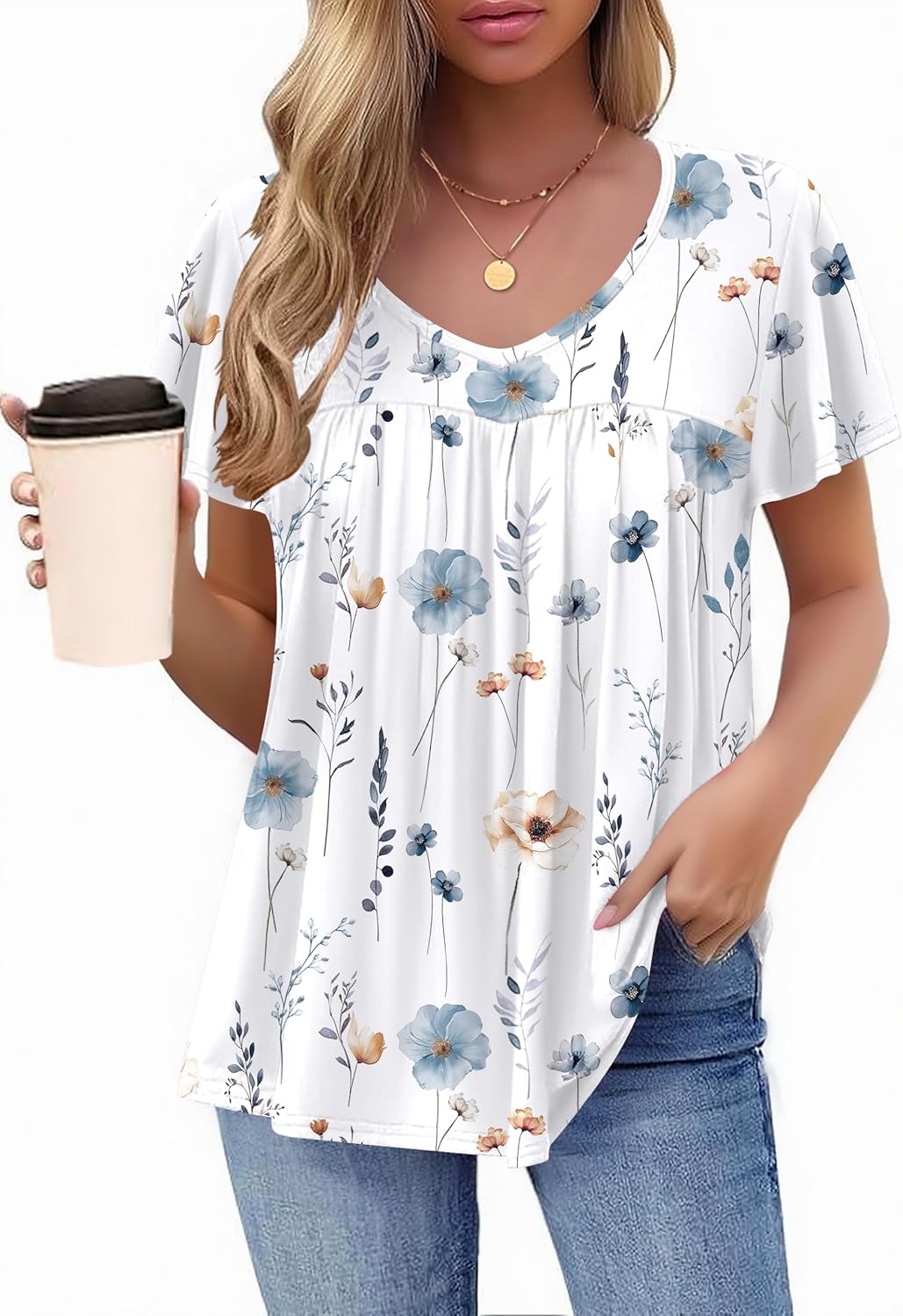HOTOUCH Womens Short Sleeve Tunic Tops V Neck Loose Fit Ruffle Sleeve Shirts Summer Floral Dressy Casual Boho Blouses