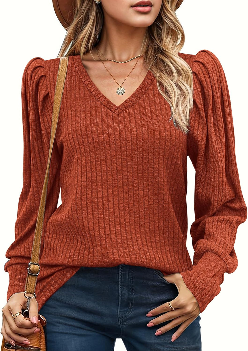 HOTOUCH Women's Knit Shirt Soft Puff Long Sleeve Blouse Tops Lightweight V Neck Tunic XS-XXL