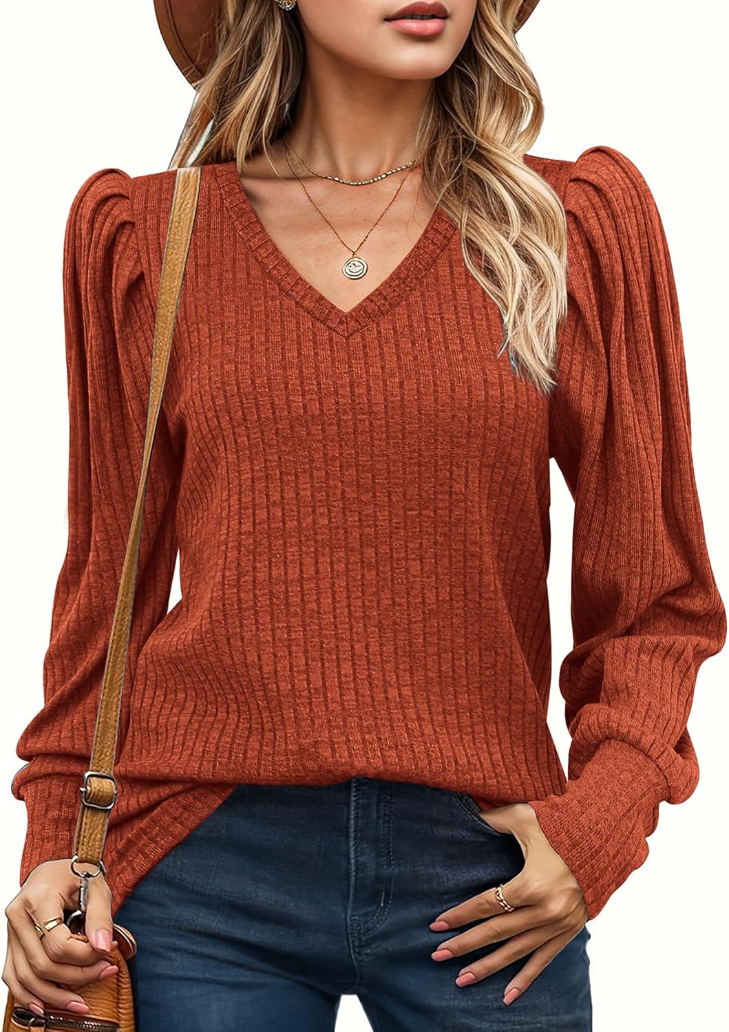 HOTOUCH Women's Knit Shirt Soft Puff Long Sleeve Blouse Tops Lightweight V Neck Tunic XS-XXL