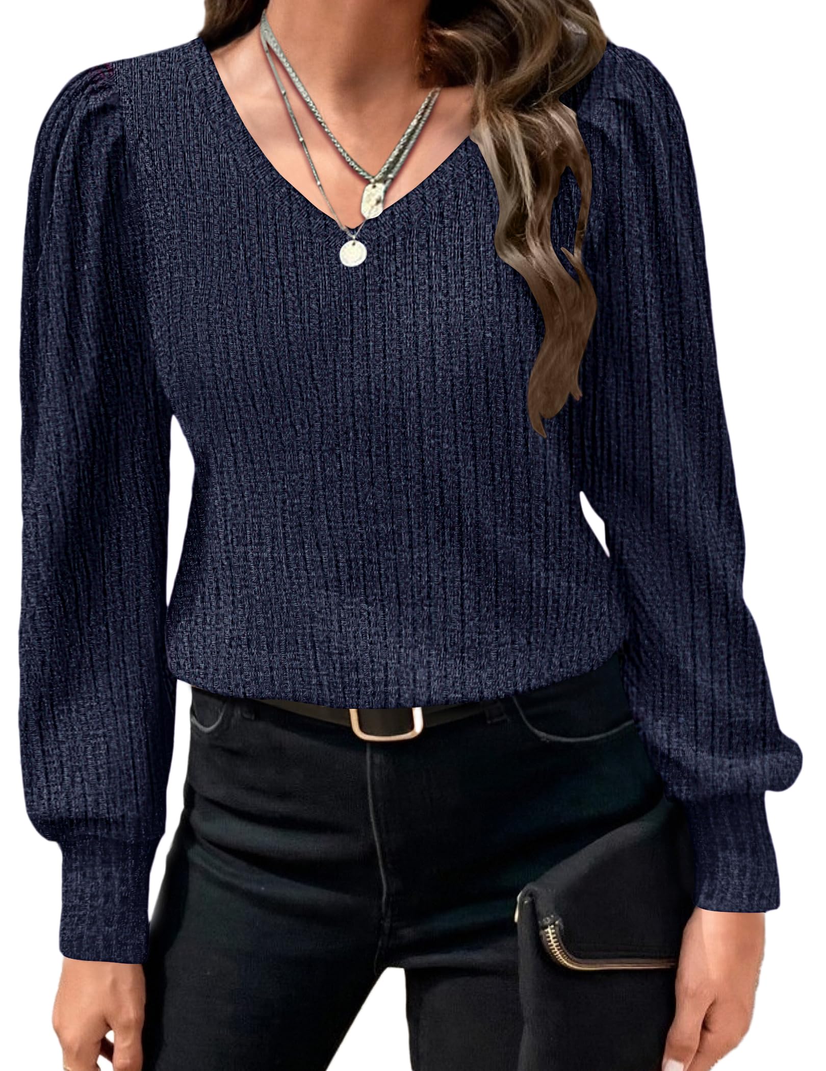 HOTOUCH Women's Knit Shirt Soft Puff Long Sleeve Blouse Tops Lightweight V Neck Tunic XS-XXL
