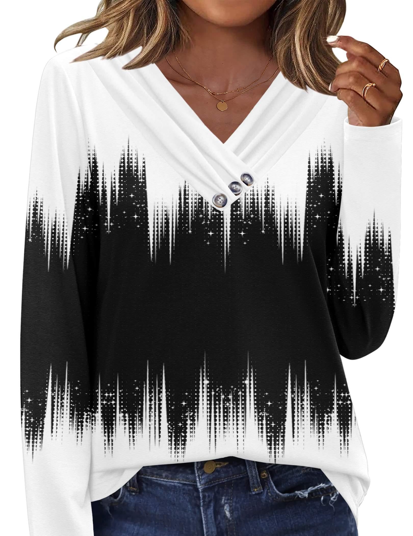 HOTOUCH Womens Fall Tunics Long Sleeve Tops Cross V Neck Shirts Loose Casual Blouses with Decor Button