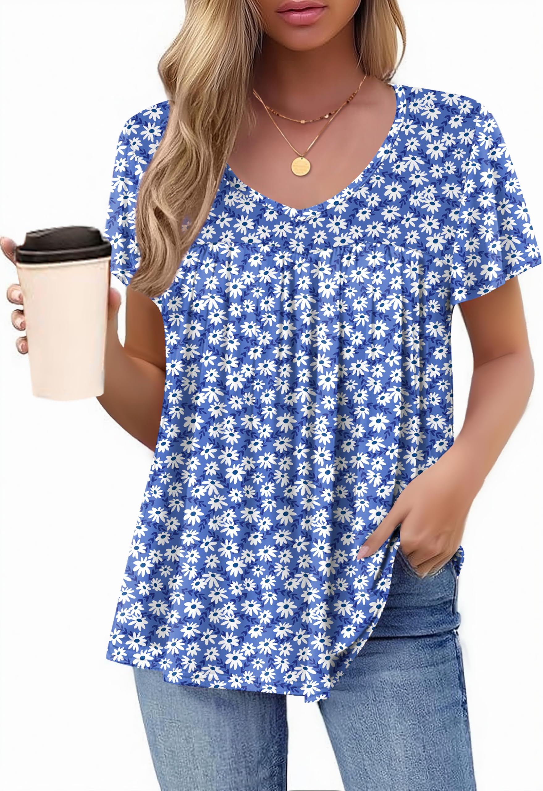HOTOUCH Womens Short Sleeve Tunic Tops V Neck Loose Fit Ruffle Sleeve Shirts Summer Floral Dressy Casual Boho Blouses