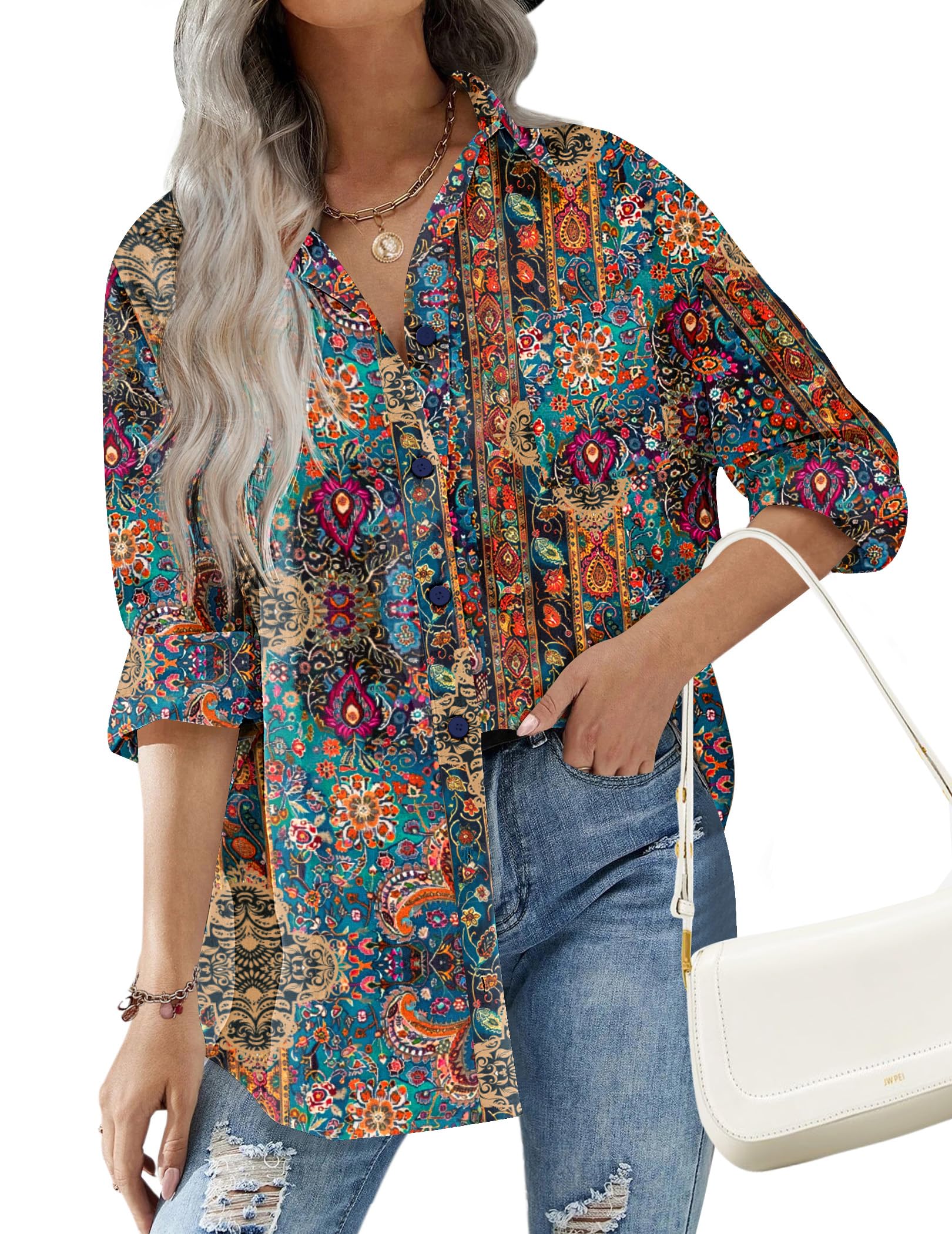 HOTOUCH Women Oversized Button Down Shirts Office Drop Shoulder Blouse Long Sleeve Boyfriend Dress Shirt with Pockets