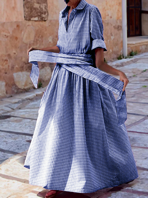 100% Cotton Plaid Belted Dress