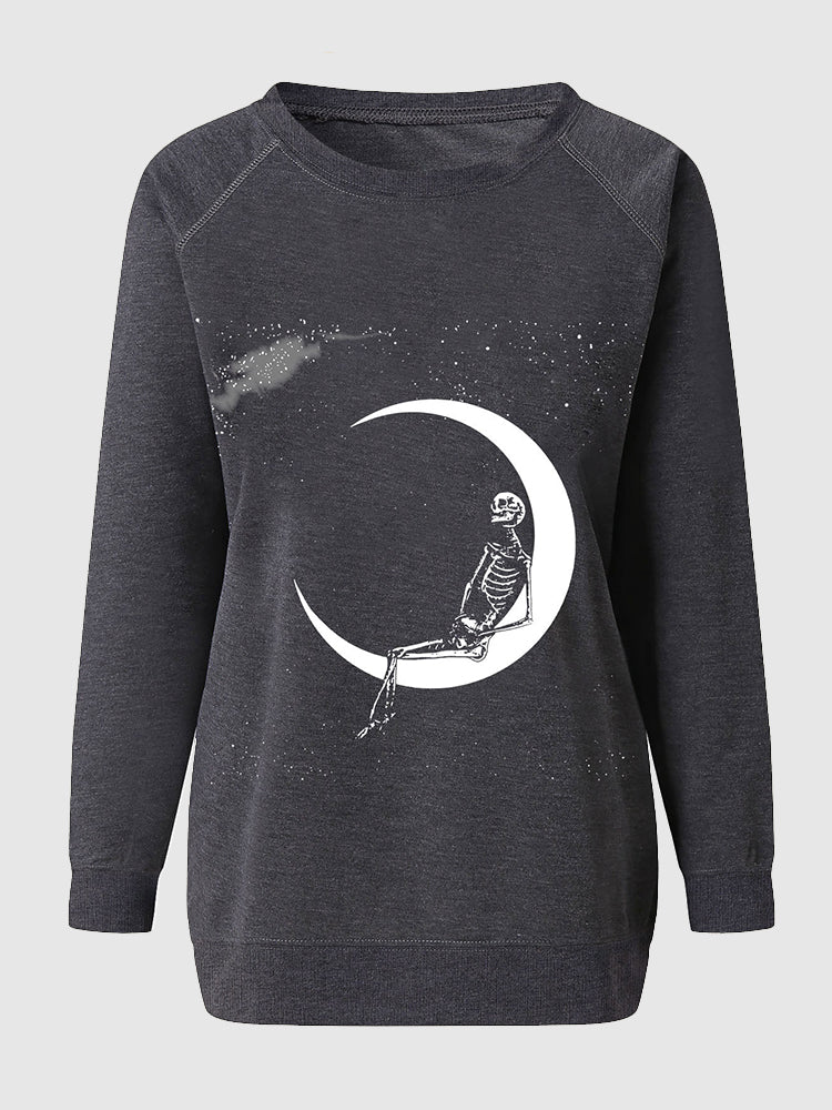 Hotouch Halloween Graphic Sweatshirt-Moon Skeleton