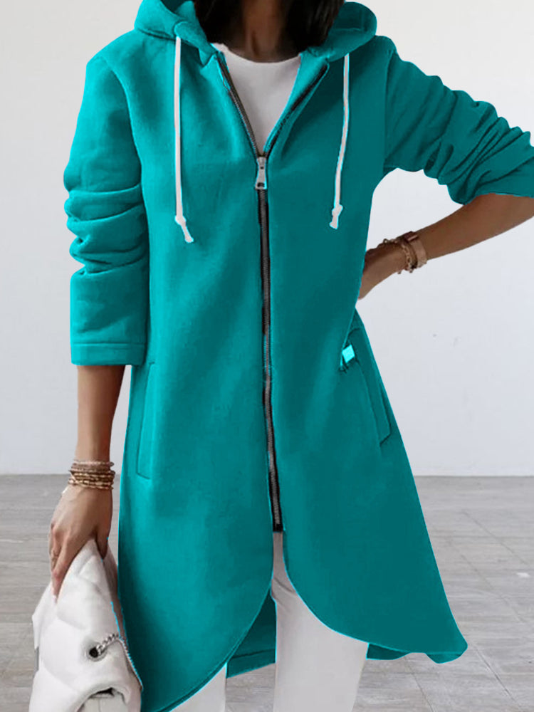 Hotouch Solid Zipper Longline Hoodie