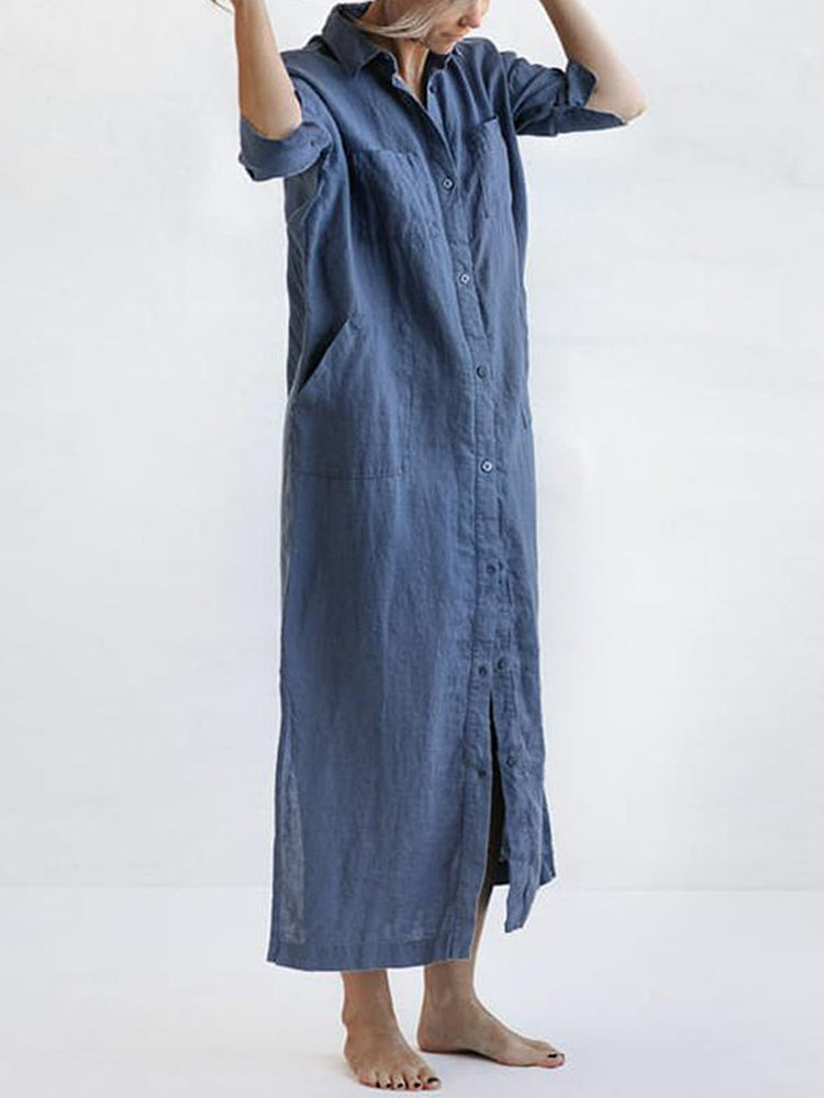 Hotouch Linen Style High Waist Shirt Dress